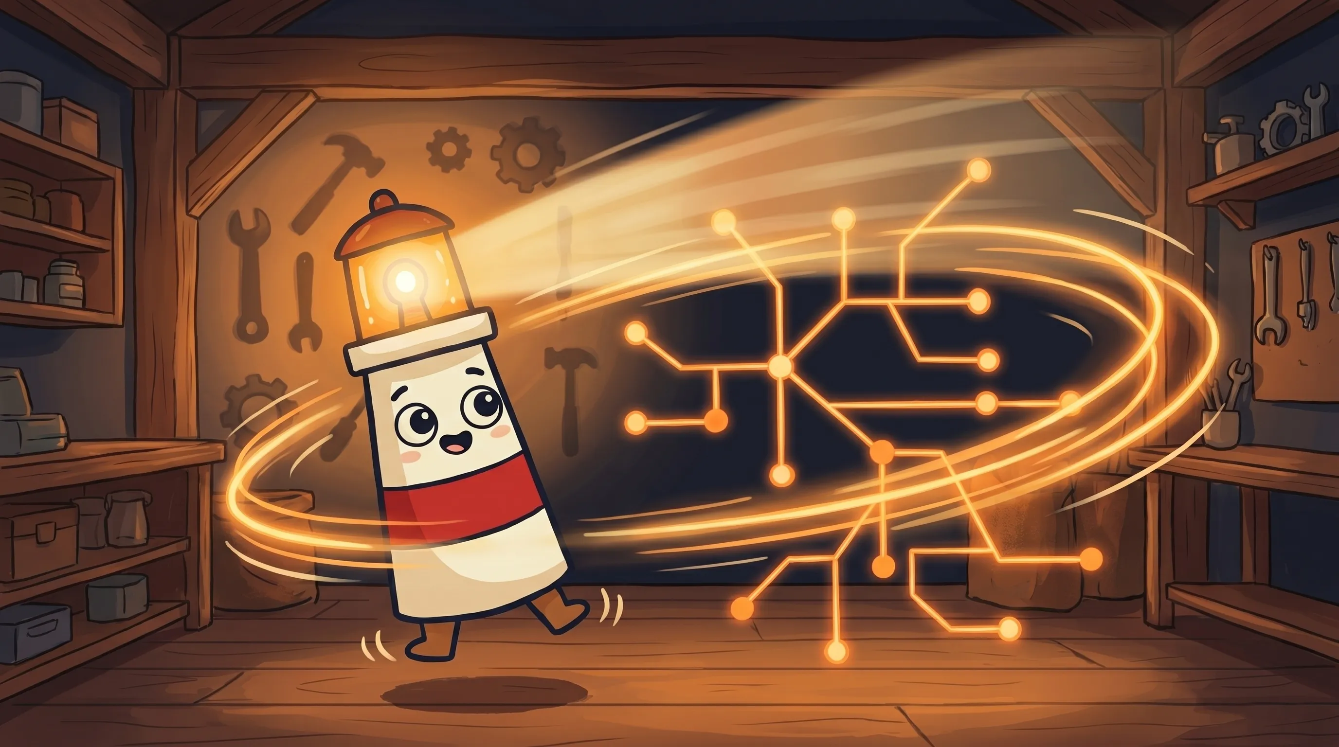 Beacon the lighthouse illuminating a branching AI routing diagram, cream body with red stripe, amber glow on dark navy.