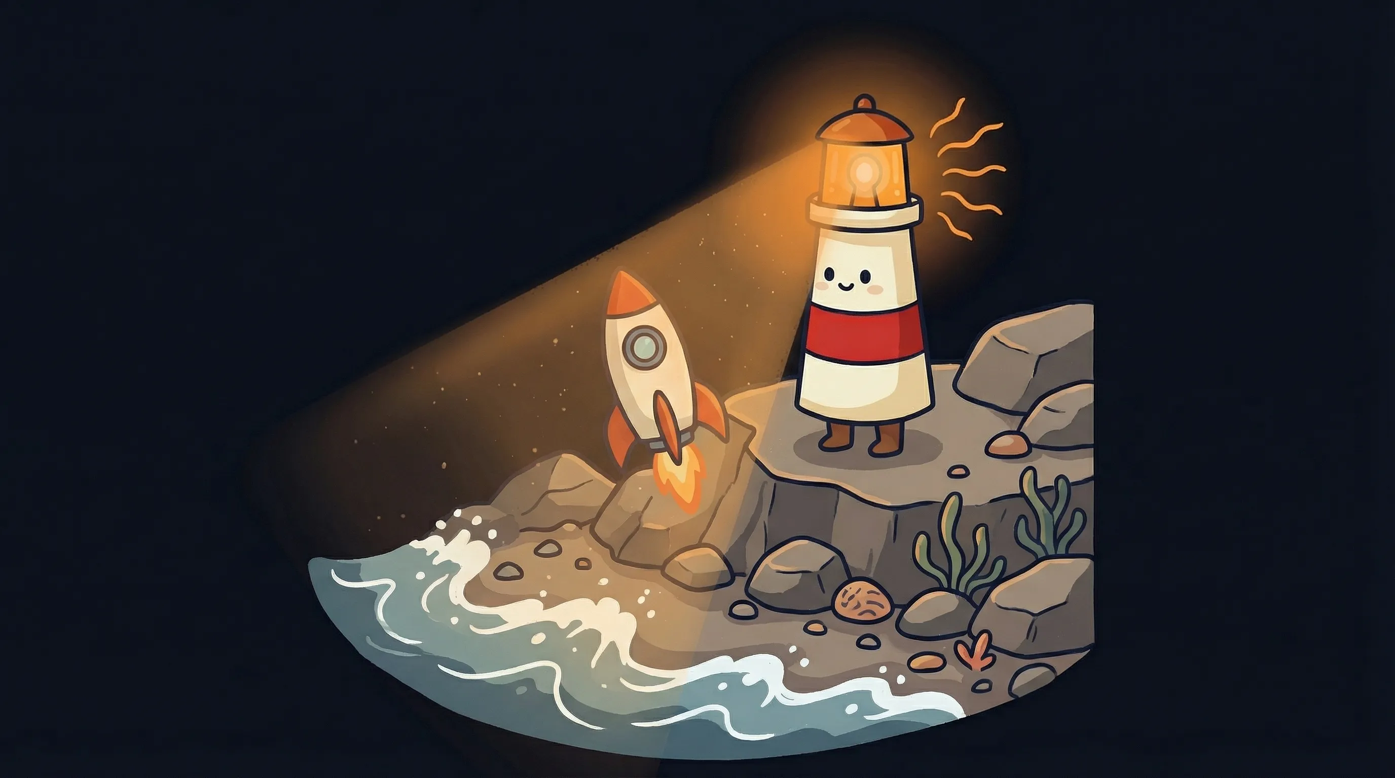 Beacon the lighthouse character shining its amber light onto a checklist, illustrating first-week AI agent setup tasks.