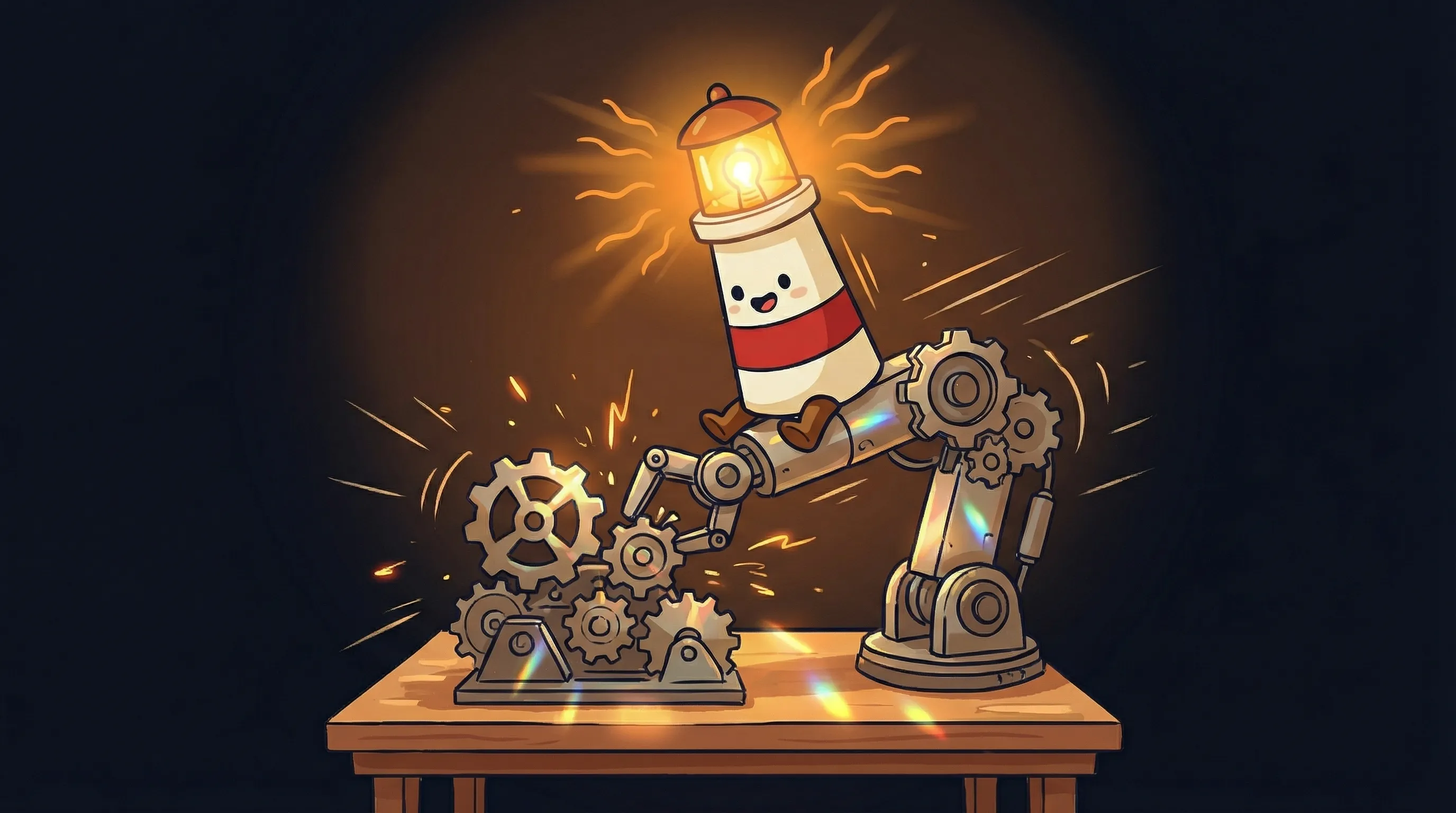 Beacon the lighthouse illuminating a glowing laptop with AI sparkles on a dark navy background