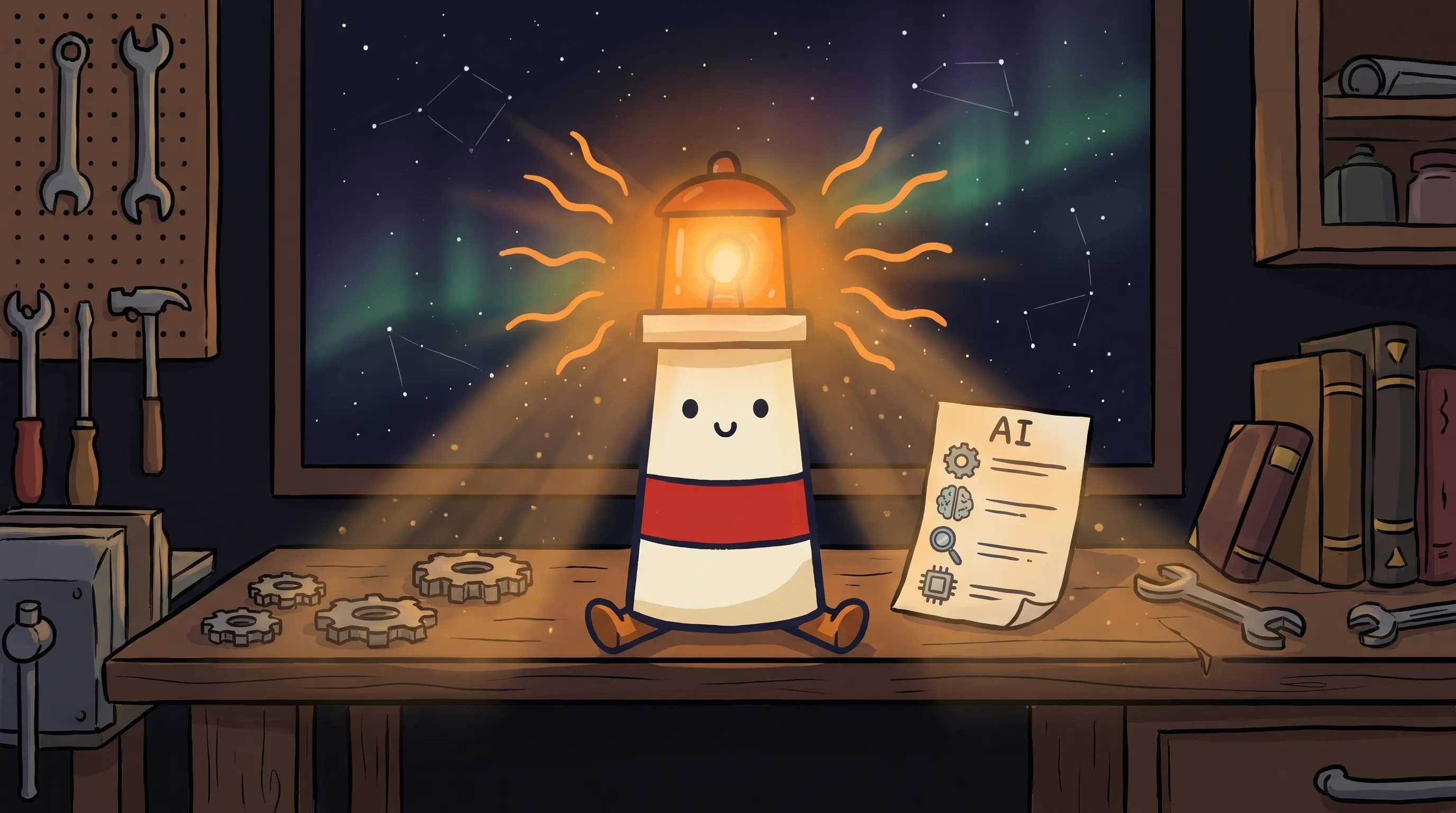 Beacon the lighthouse character shining light on AI tools for small business, with glowing amber lantern on dark navy back...
