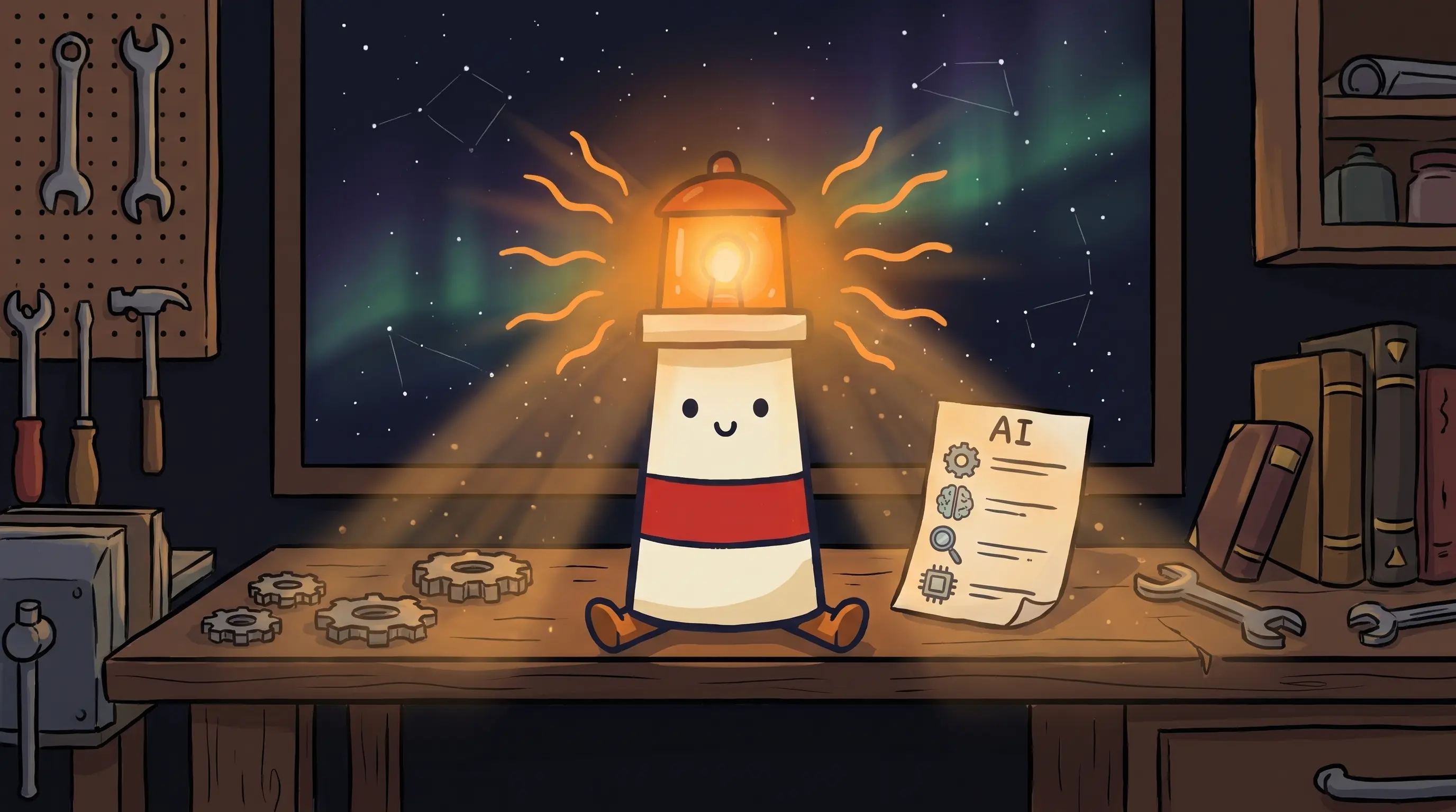 Beacon the lighthouse character shining light on AI tools for small business, with glowing amber lantern on dark navy back...