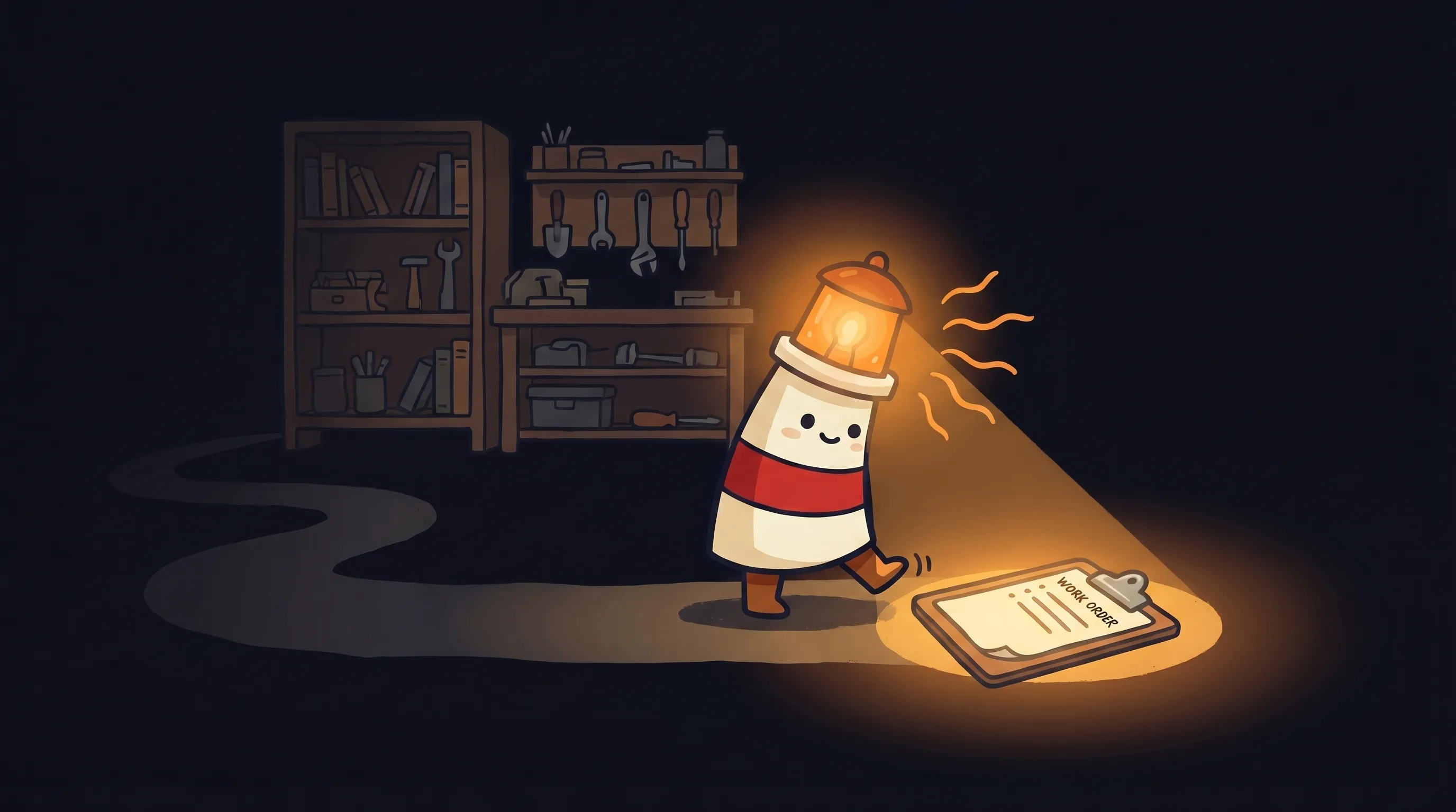 Beacon the lighthouse illuminating a small business work order clipboard with warm amber light on a dark navy background.
