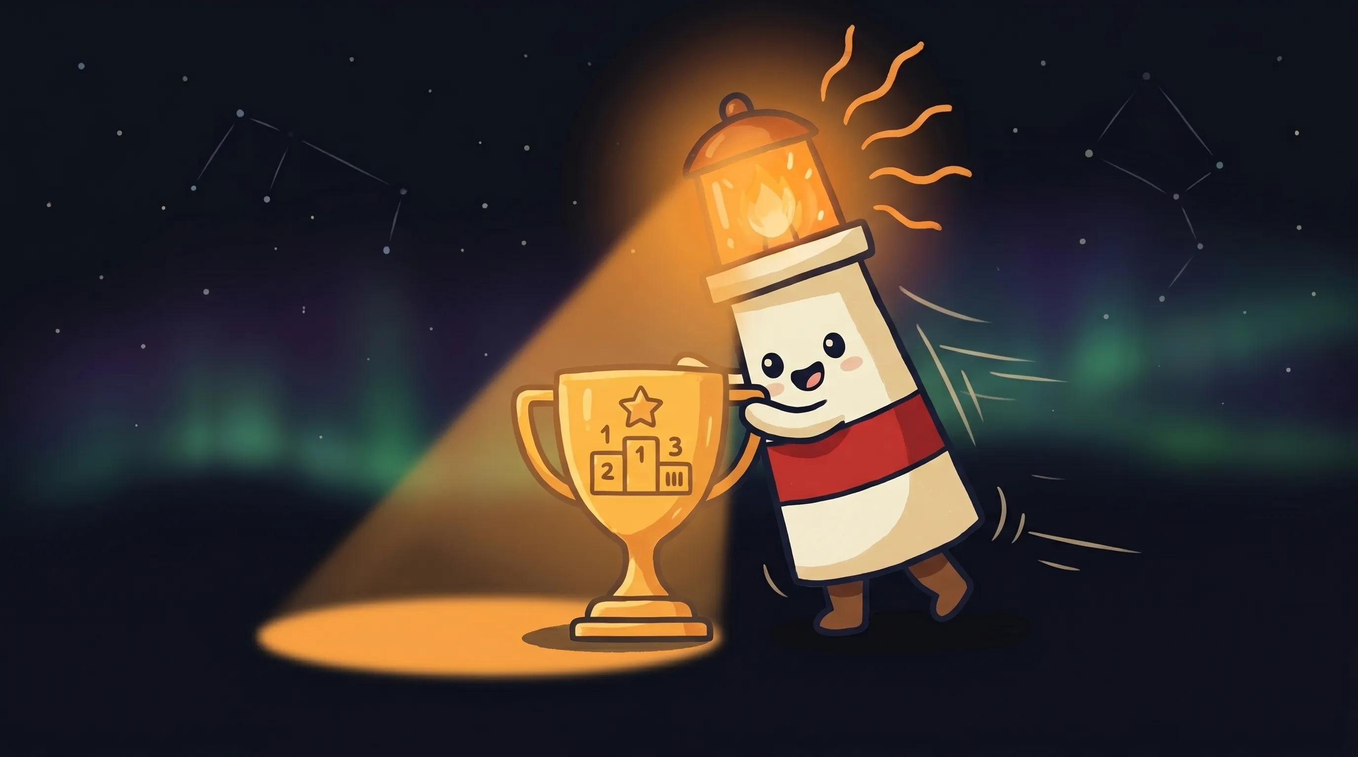Friendly lighthouse character shining light on a leaderboard dashboard with employee rankings and stats.