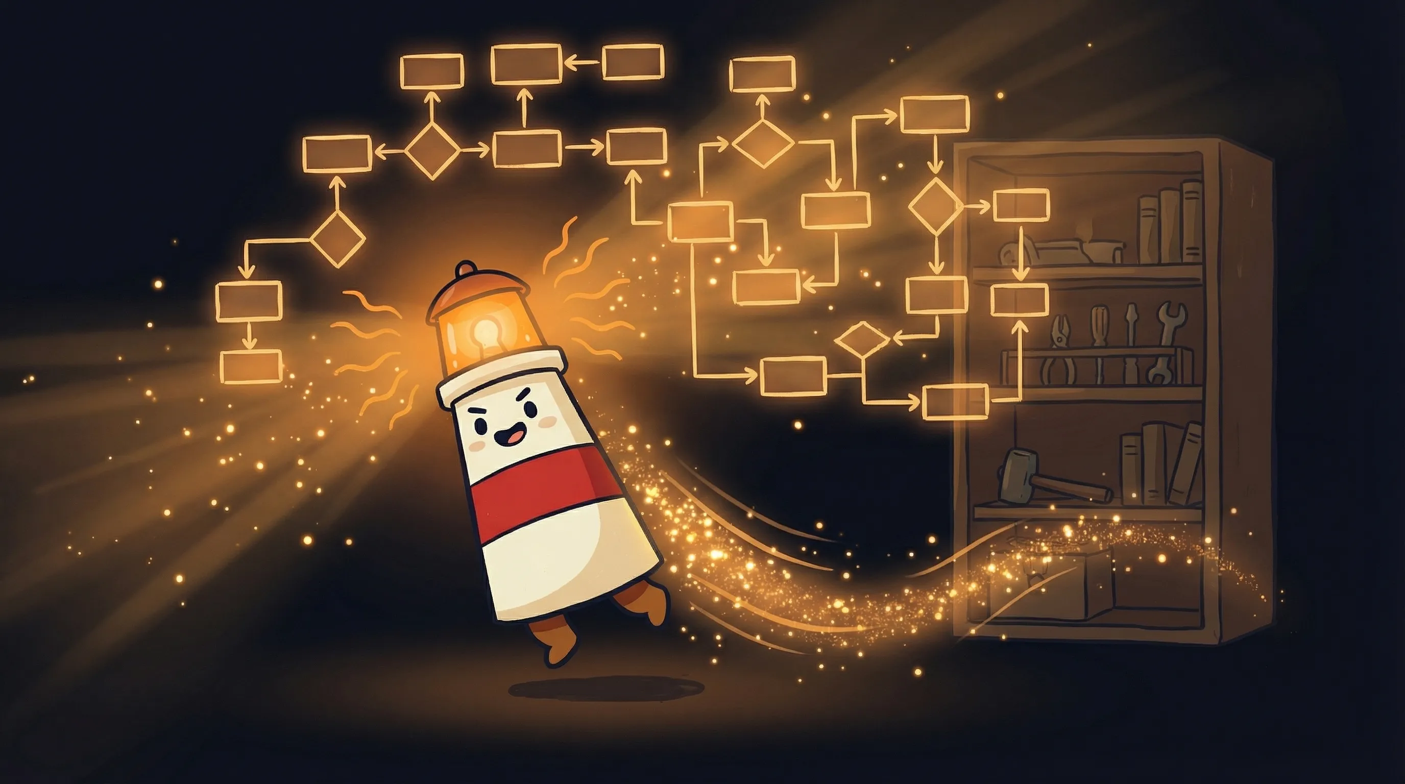 Beacon the lighthouse illuminating a chatbot and AI agent side-by-side, highlighting the contrast between static and dynam...