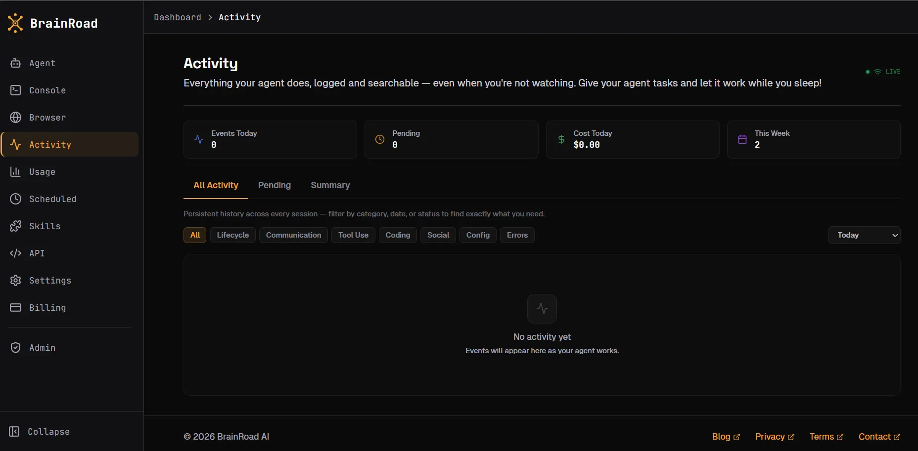 BrainRoad activity dashboard showing event tracking, cost metrics, and filterable history