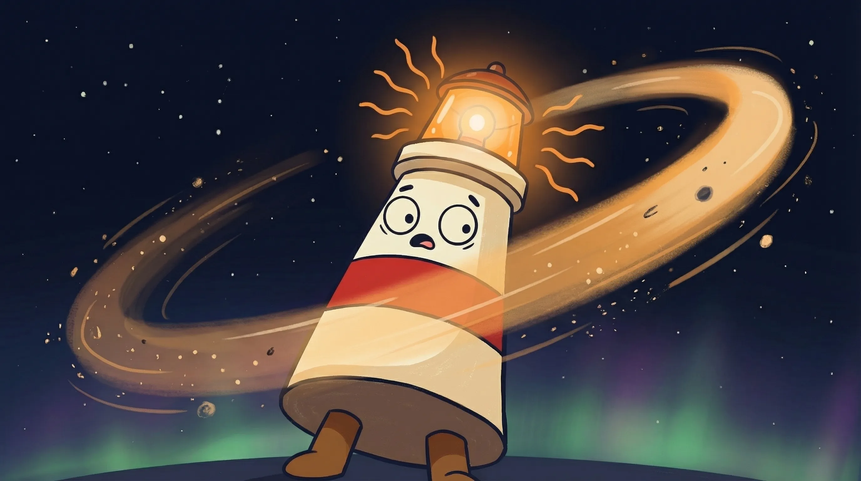Beacon the lighthouse character shining a glowing amber beam onto a checklist approval panel on a dark navy background.