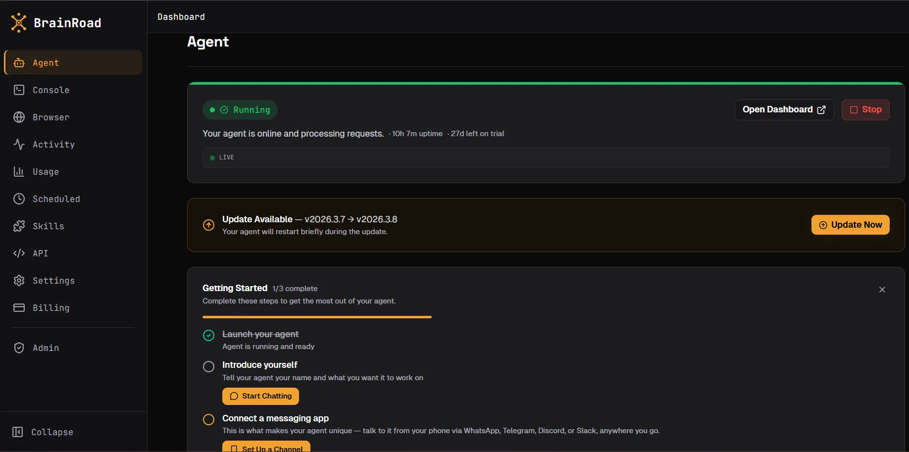 BrainRoad dashboard showing running status, getting started checklist, and update controls