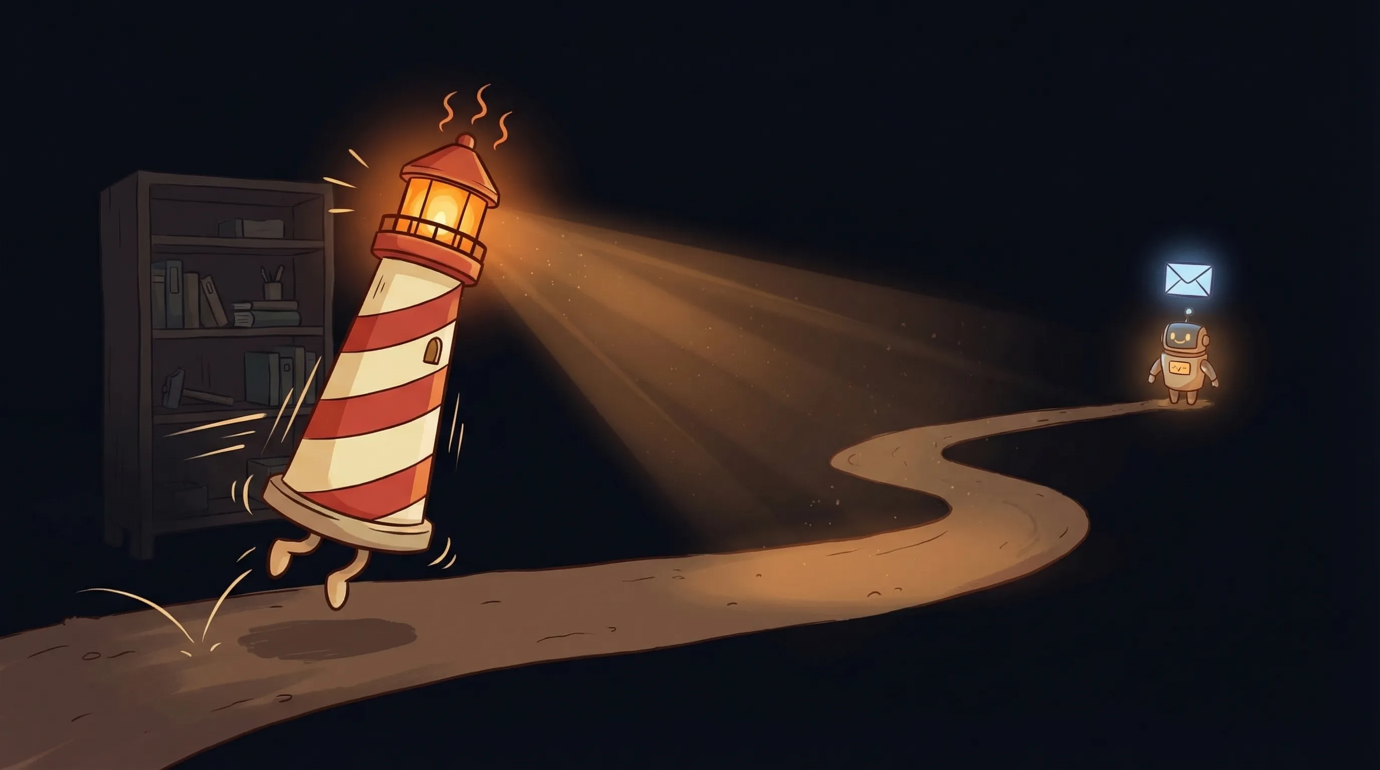 Beacon the lighthouse character shining its amber glow onto an envelope and phone, symbolizing an AI agent's own email and...