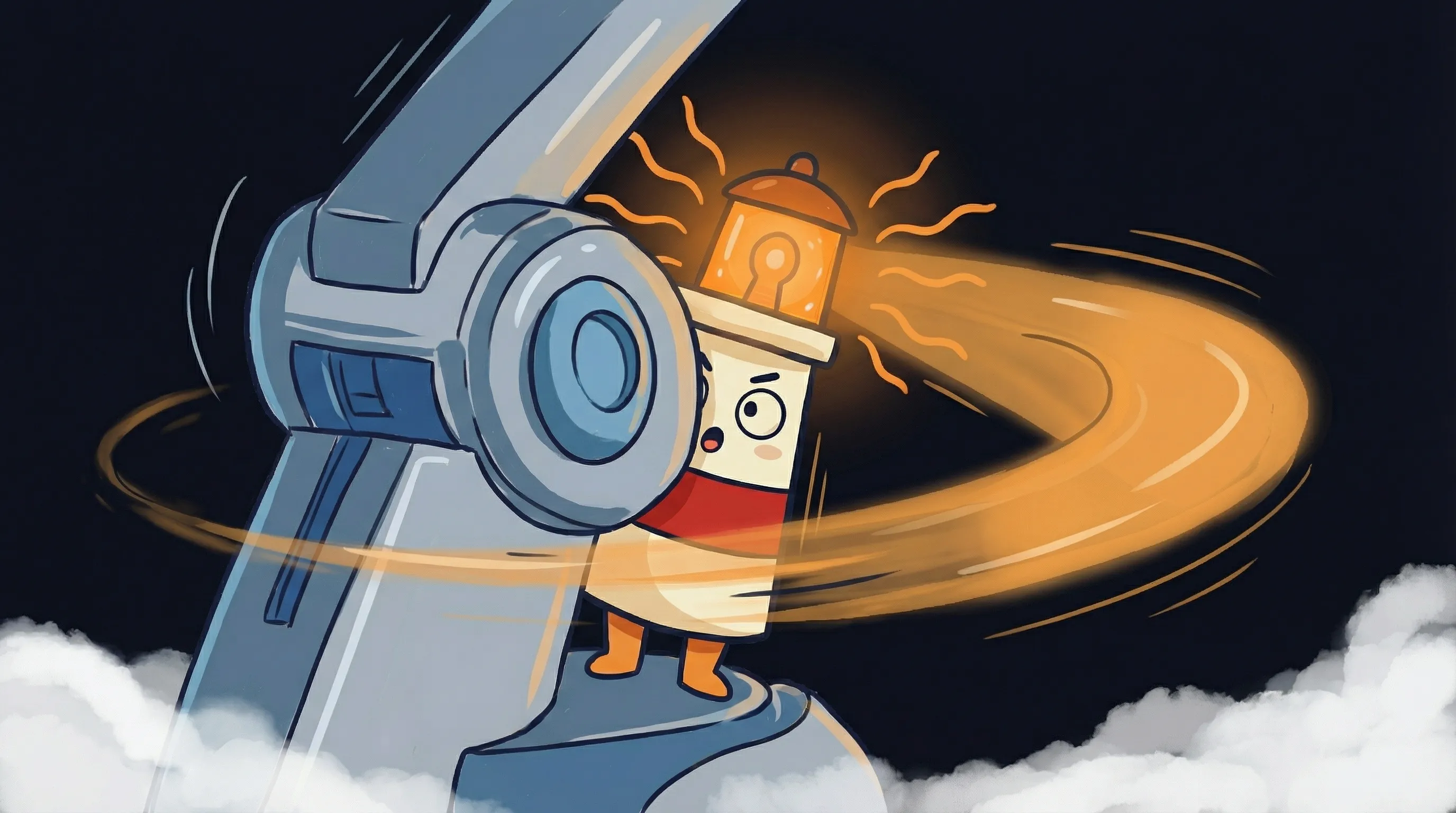 Beacon the lighthouse character shining its amber glow onto a network of connected AI agents on a dark navy background.