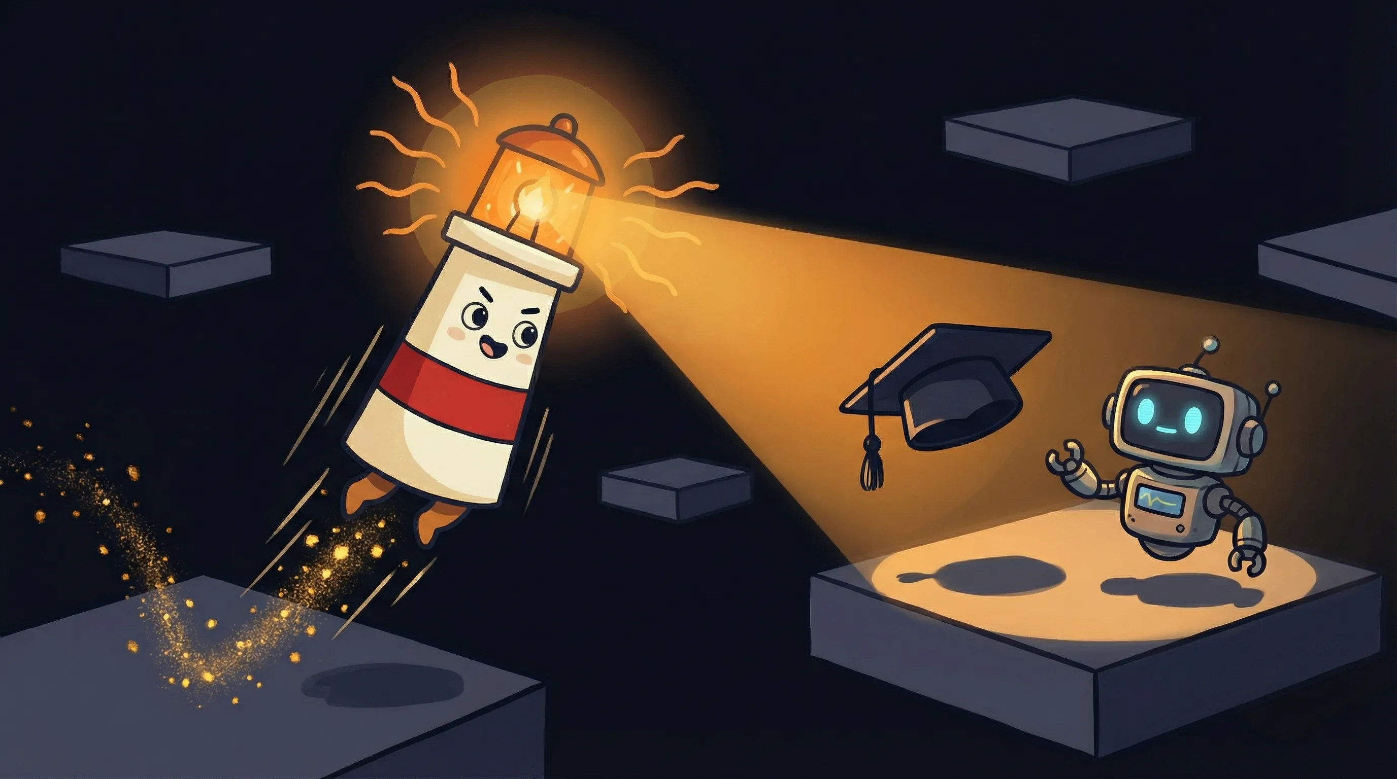 Beacon the lighthouse character shining light on an agentic AI course book, flat 2D illustration on dark navy background.