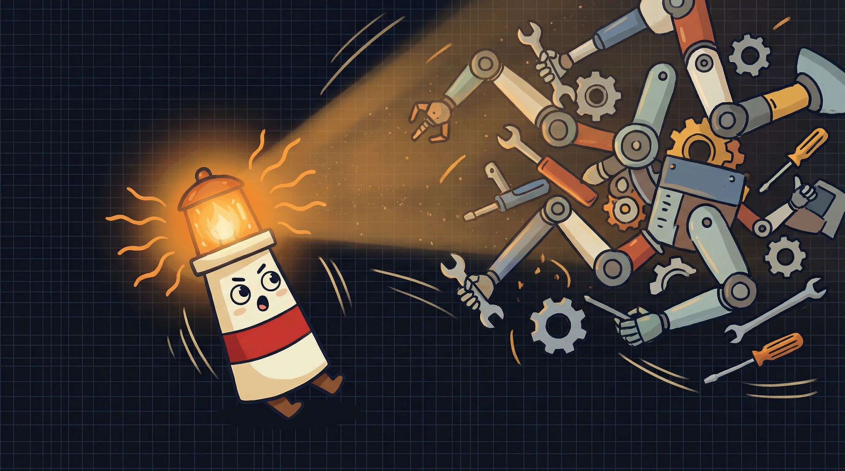 Beacon the lighthouse illuminating AI gears and circuits with its amber light on a dark navy background.
