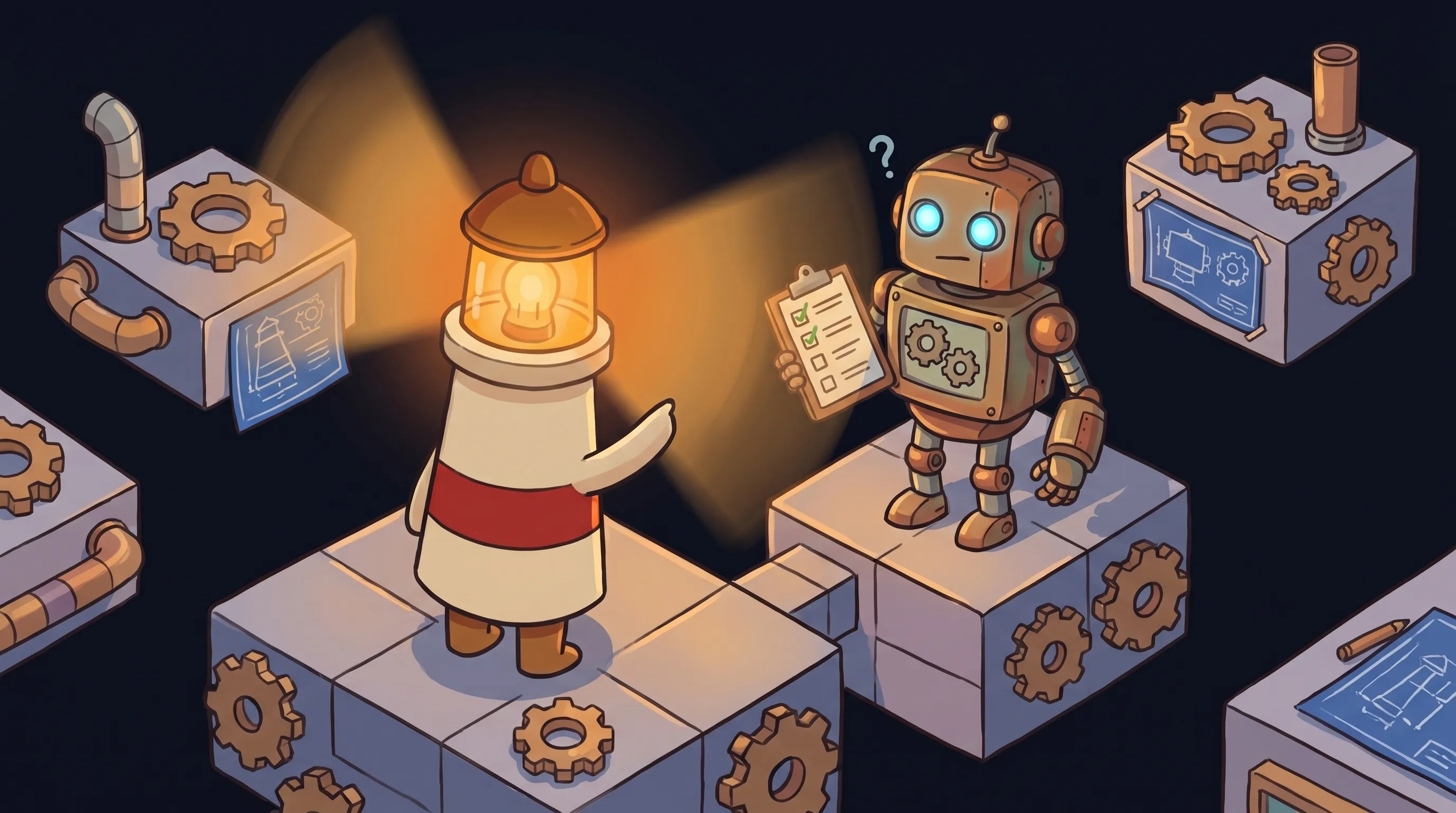 Beacon the lighthouse illuminating a checklist, representing an AI agent assistant helping small businesses manage custome...