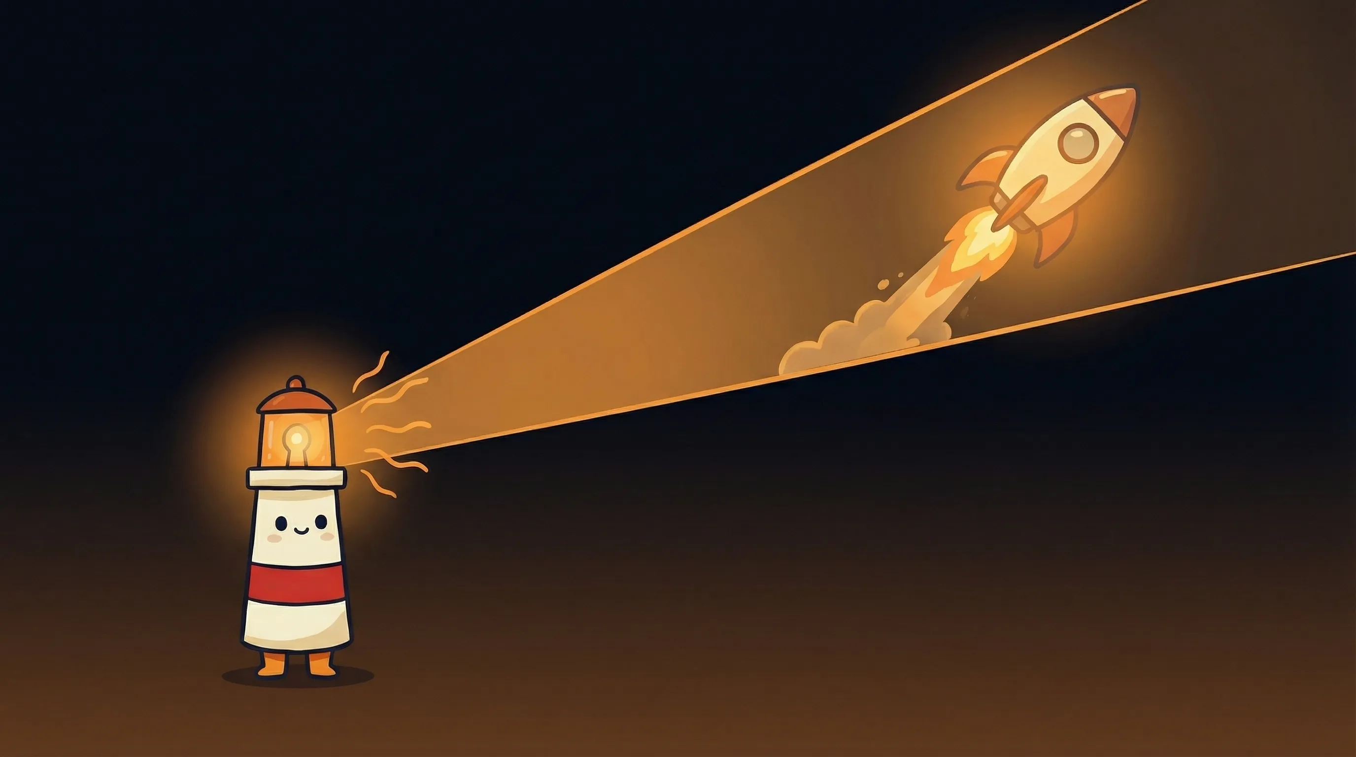Beacon the lighthouse character shining a warm amber glow onto a glowing computer screen on a dark navy background.