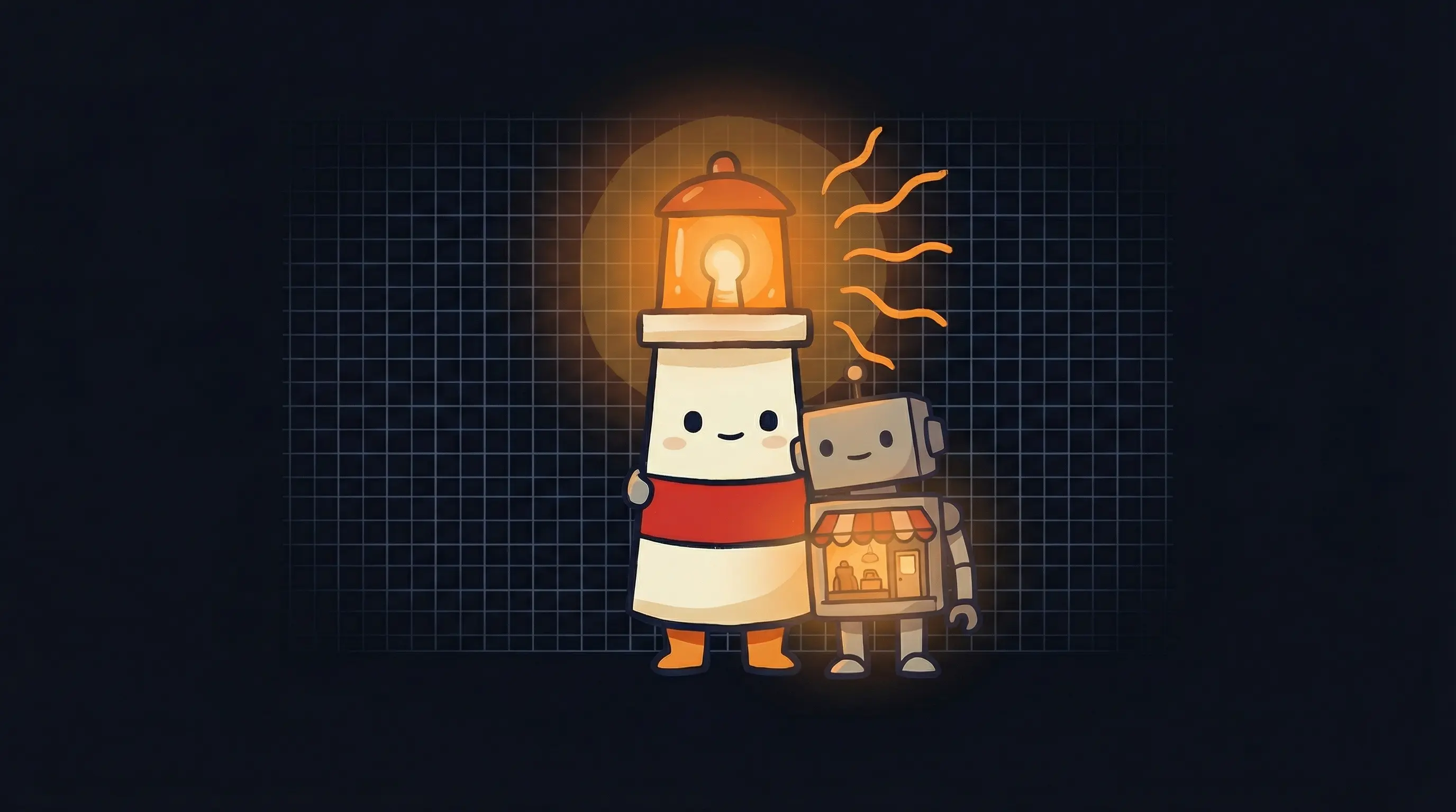 Beacon the lighthouse character shining light on a small robot assistant, symbolizing an AI agent for small business.