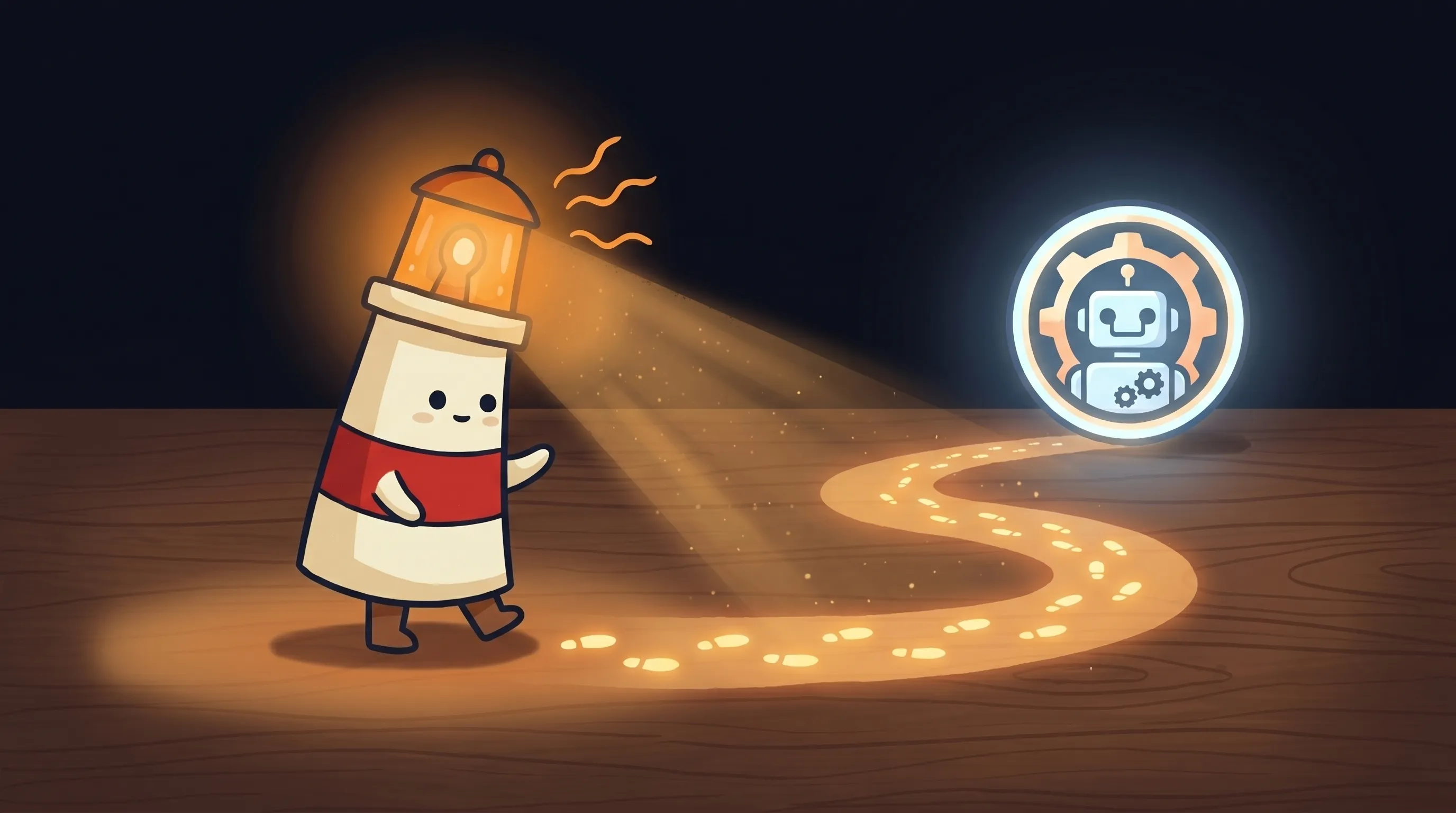Beacon the lighthouse illuminating a glowing ID badge, memory chip, and governance shield on a dark navy background.