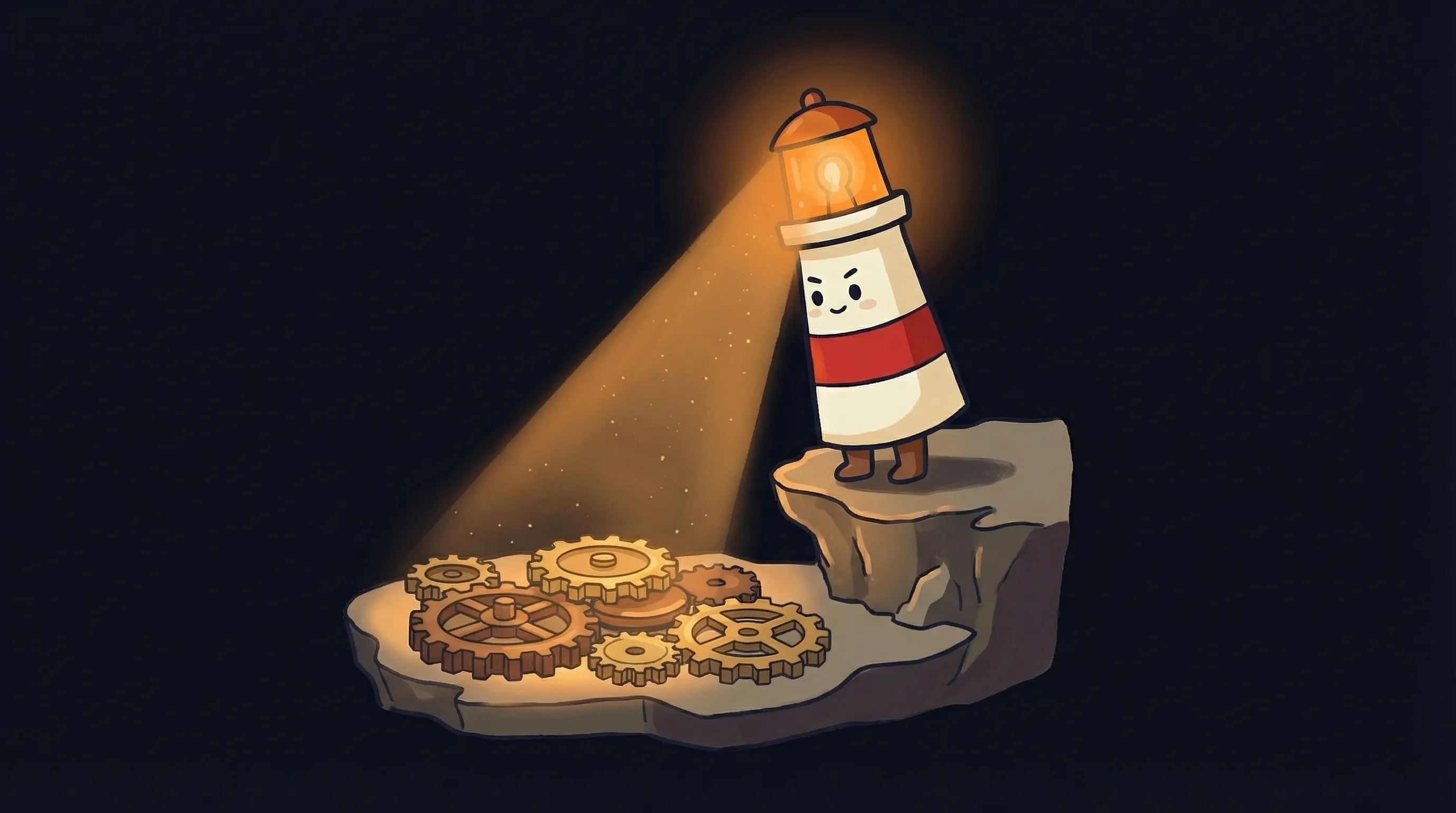 Beacon the lighthouse character shining its amber glow onto a glowing screen displaying ai agent tools stacked in layers.