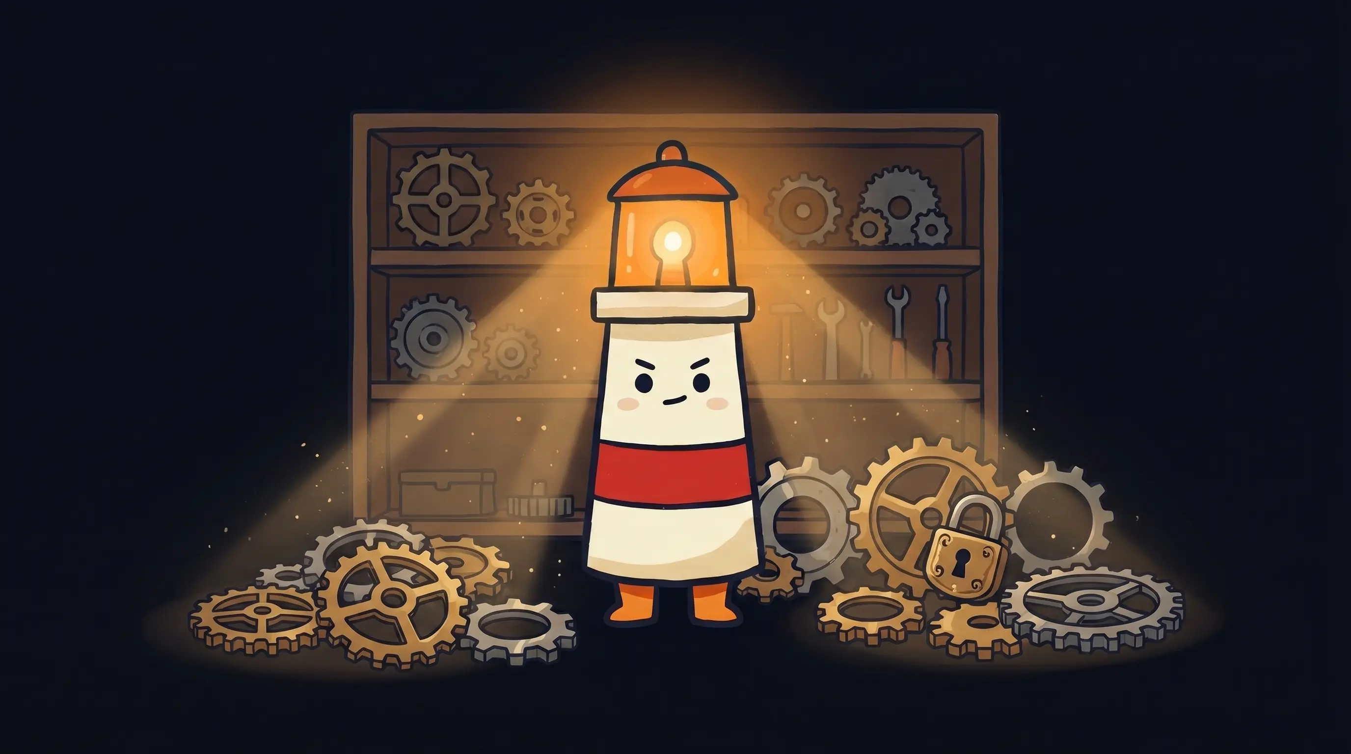 Beacon the lighthouse character shining light on a glowing workflow diagram on a dark navy background.