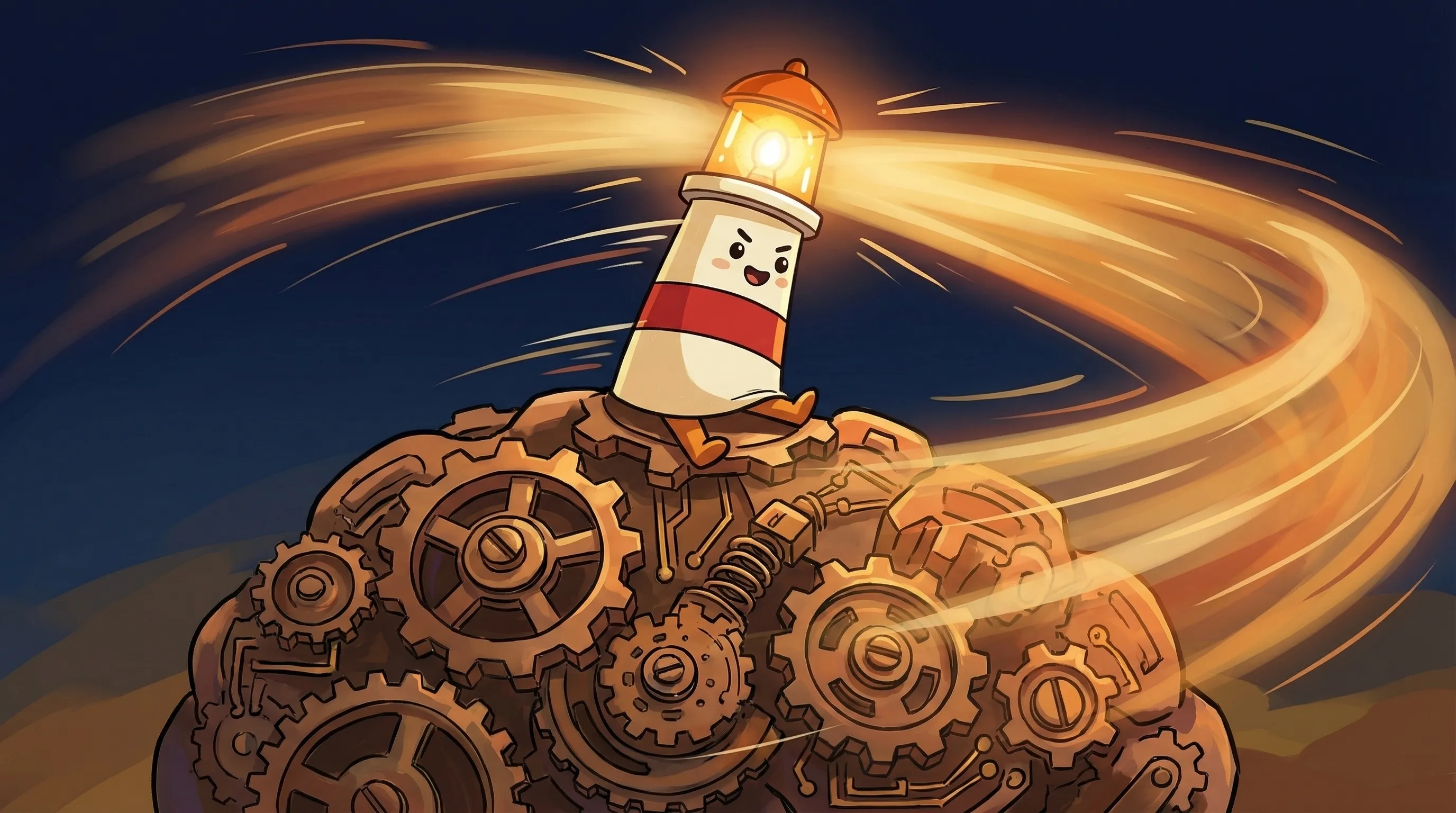 Beacon the lighthouse character shining light on two distinct robot figures side by side on a dark navy background.