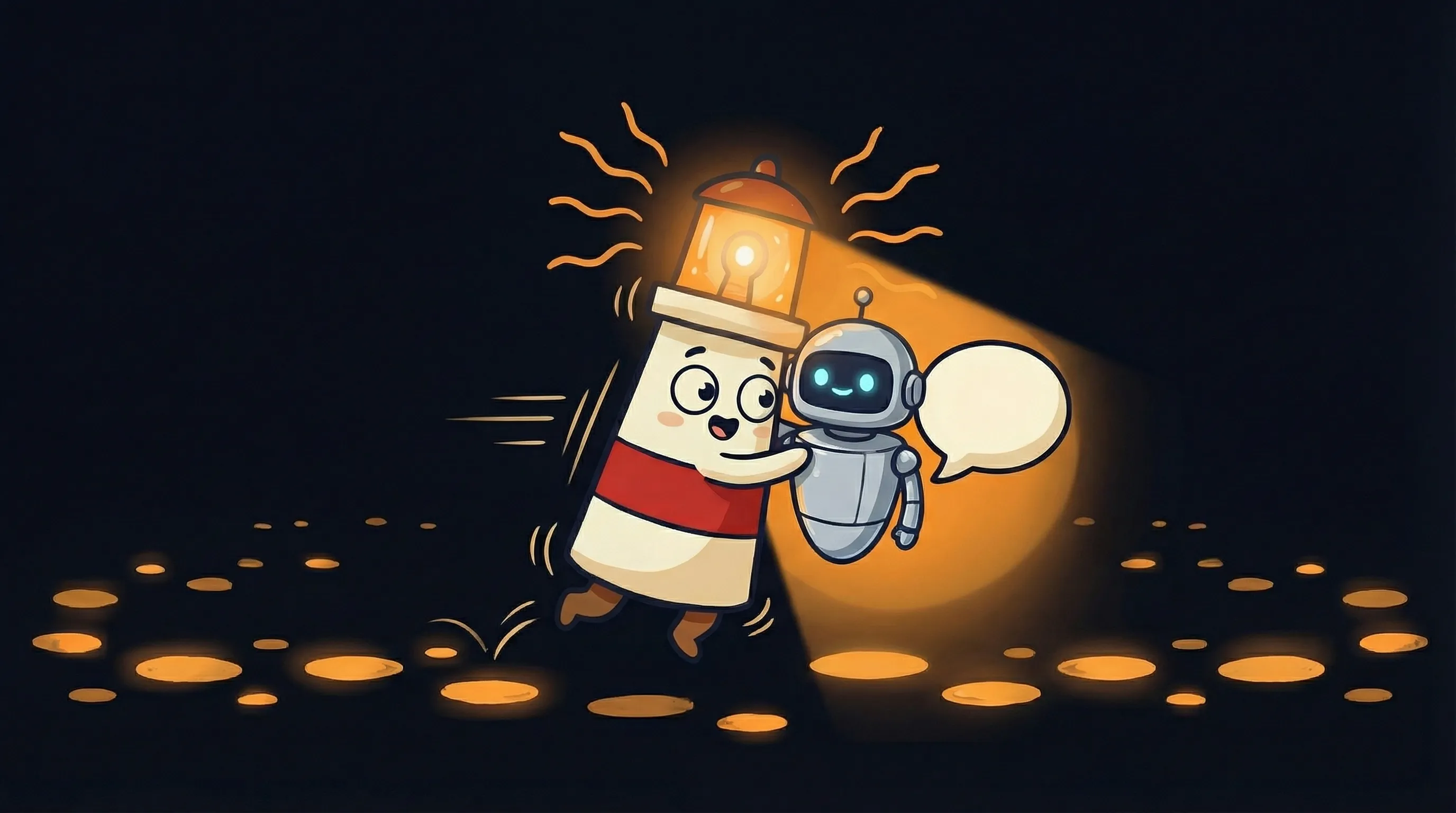 Beacon the lighthouse character shining light on a chatbot and AI agent, illustrating the difference between static and dy...