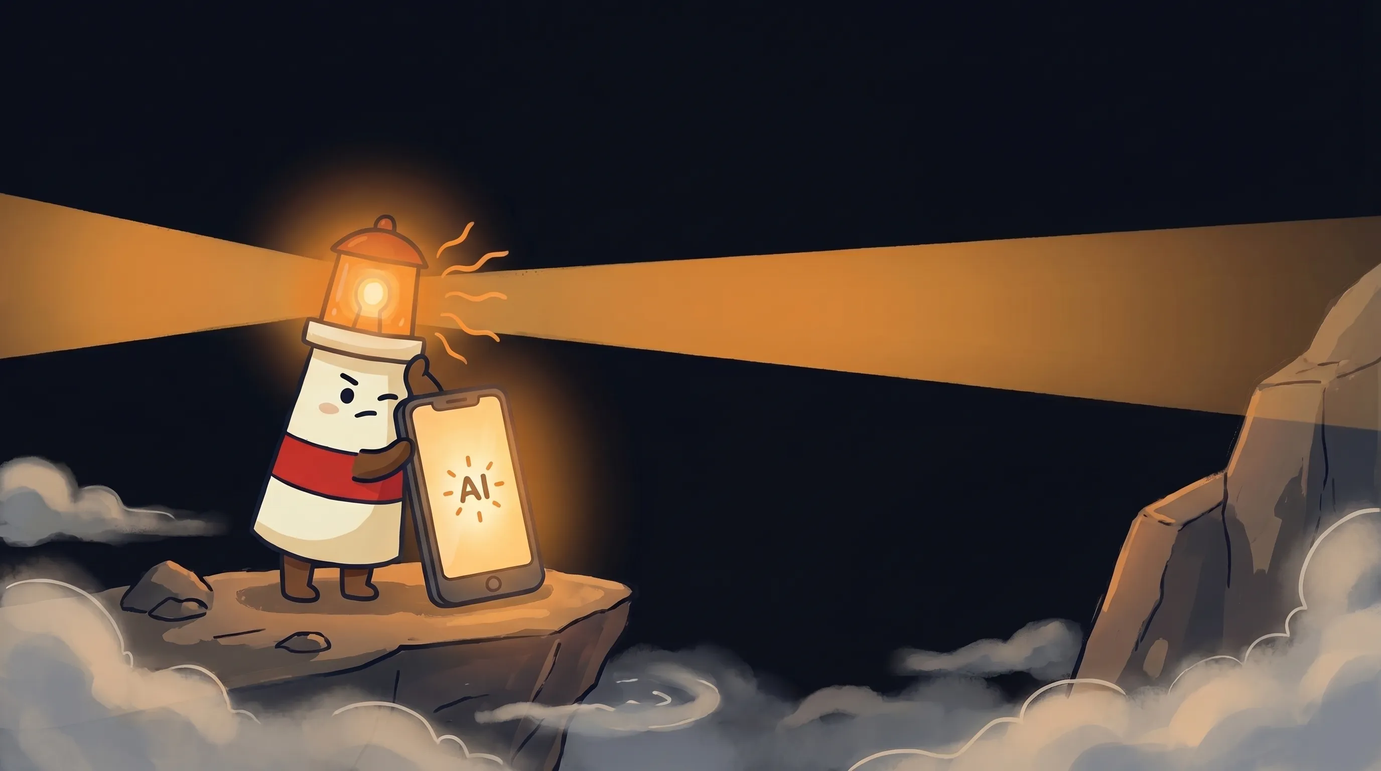 Beacon the lighthouse character shining a warm amber glow onto a small business phone, representing an AI answering service.