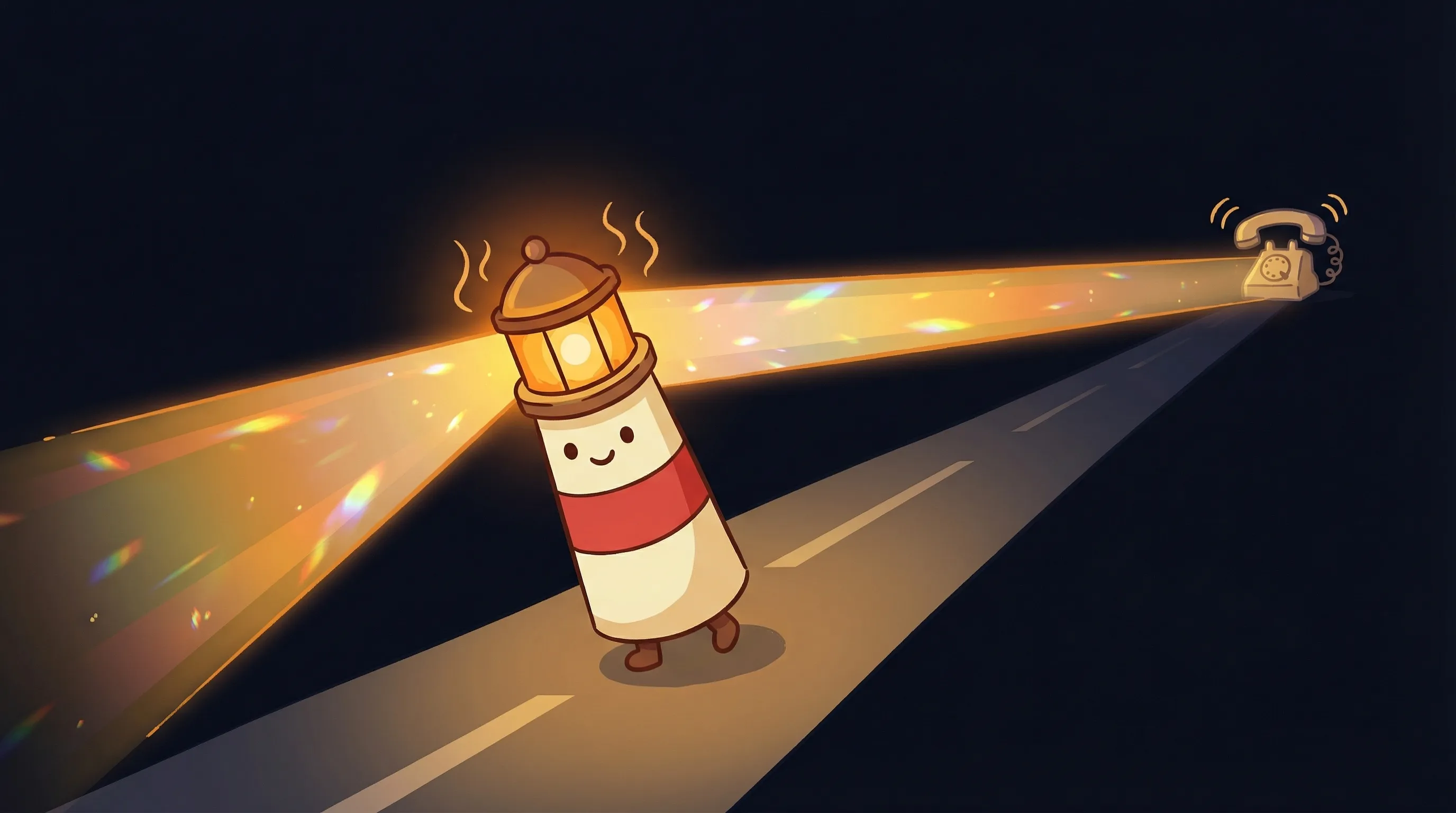 Beacon the lighthouse illuminating a ringing smartphone with its amber light on a dark navy background.