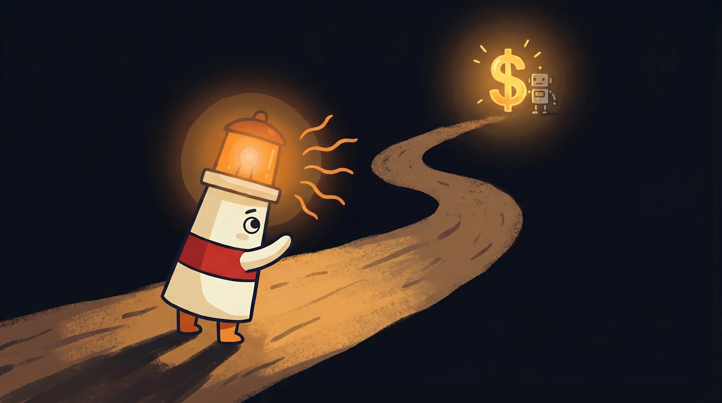 Beacon the lighthouse character shining light on a dollar sign and chat bubble, illustrating AI assistant cost for small b...