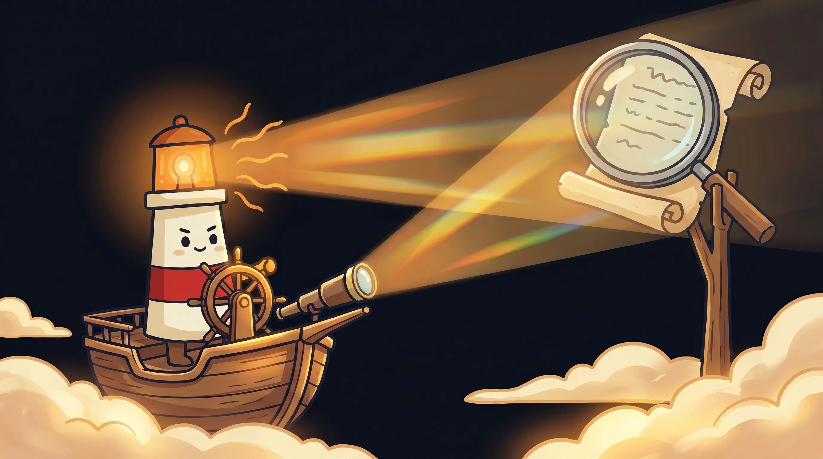 Beacon the lighthouse character shining amber light onto a chat message bubble on a dark navy background.