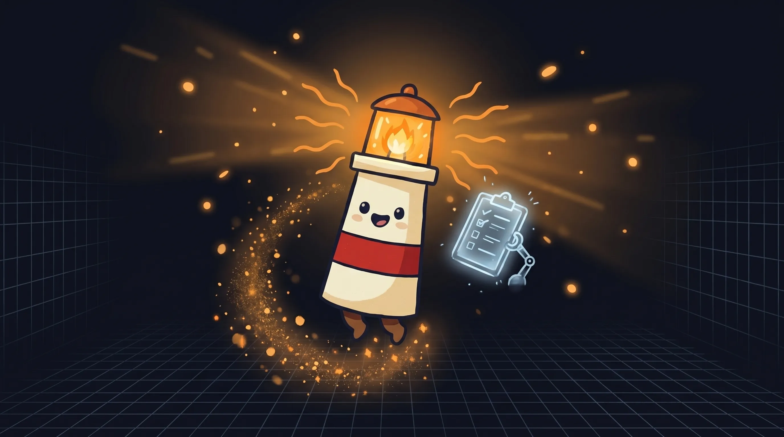 Beacon the lighthouse character shining light on a small business checklist and follow-up tasks on a dark navy background.