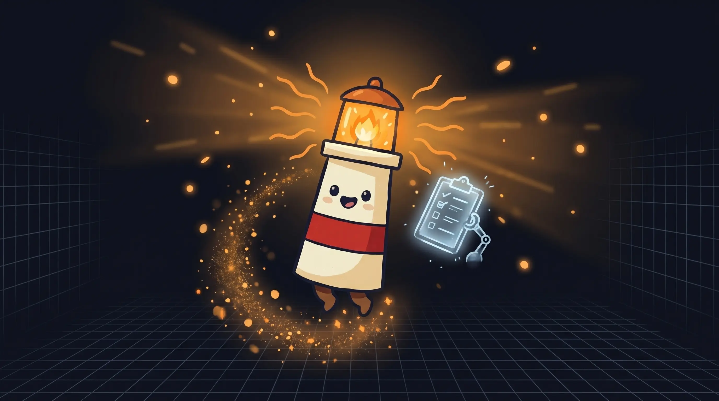 Beacon the lighthouse character shining light on a small business checklist and follow-up tasks on a dark navy background.
