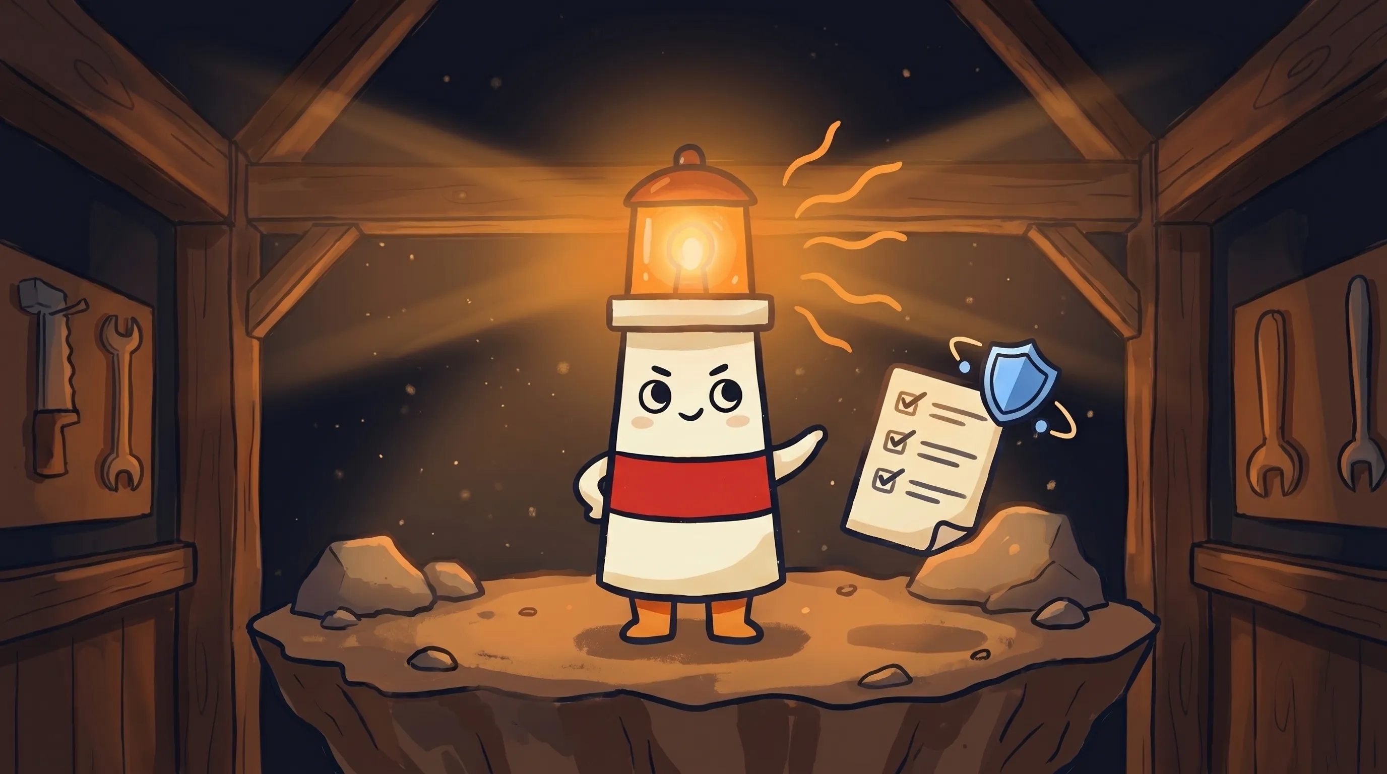 Beacon the lighthouse character shining a warm amber glow onto a checklist on a dark navy background.