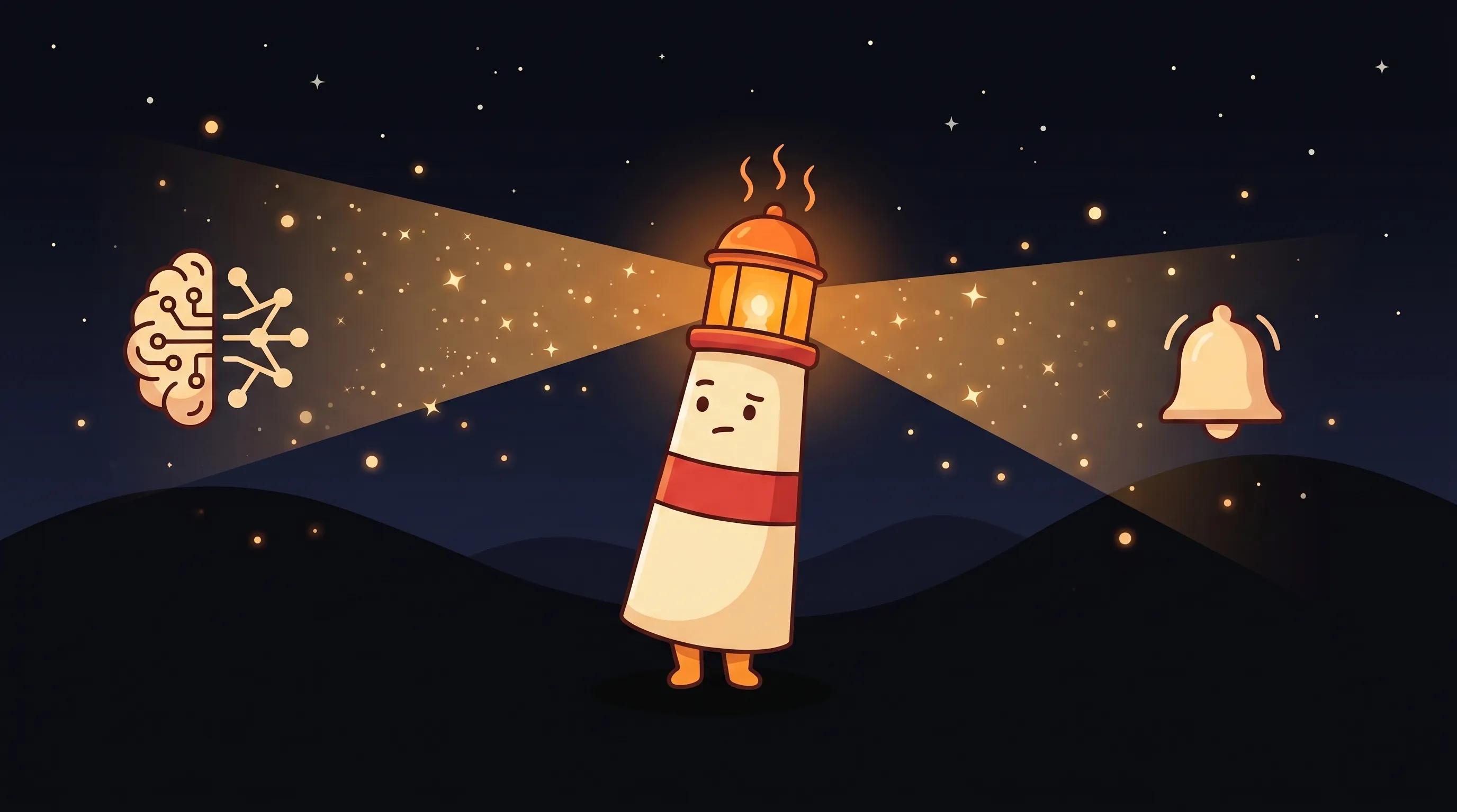 Beacon the lighthouse character shining a warm amber glow onto a small business calendar and CRM notification screen.