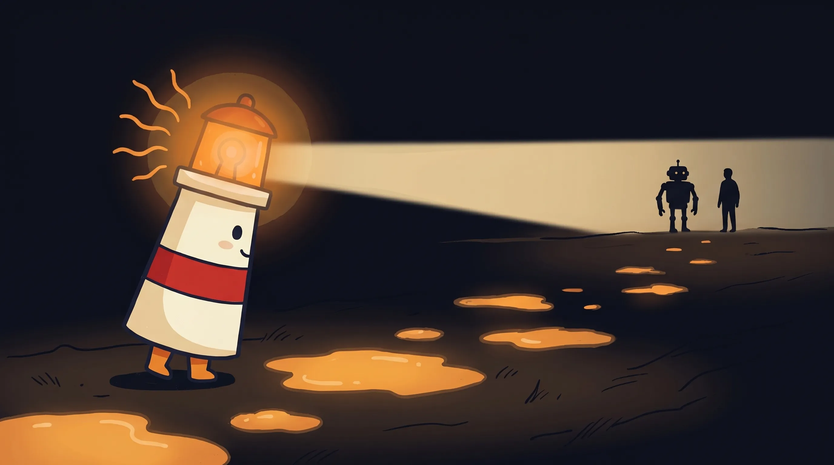 Beacon the lighthouse illuminating a cost comparison scale, symbolizing AI assistant vs human assistant cost for small bus...