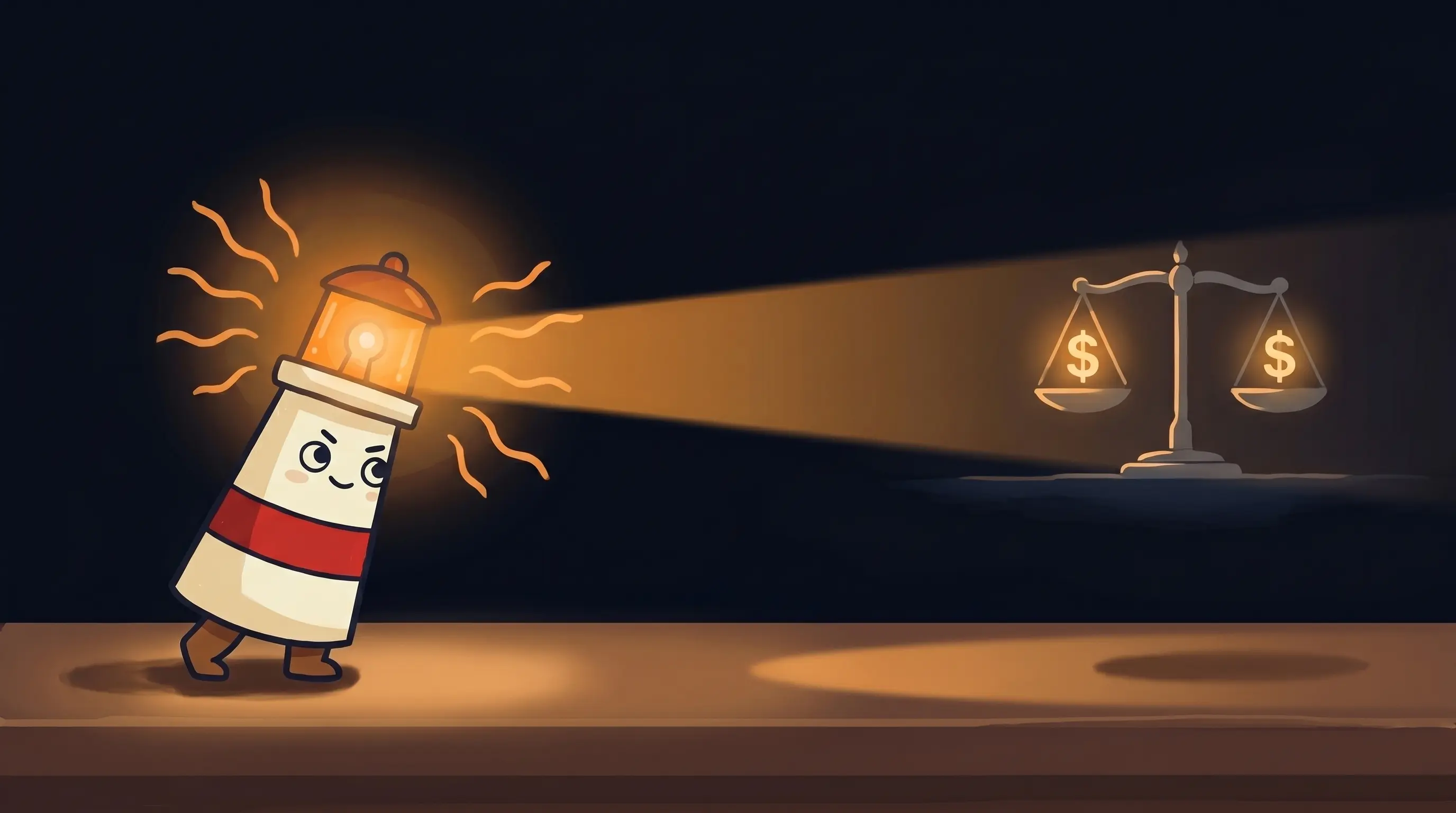 Beacon the lighthouse character shining a warm amber glow onto a dollar sign and robot icon on dark navy background.