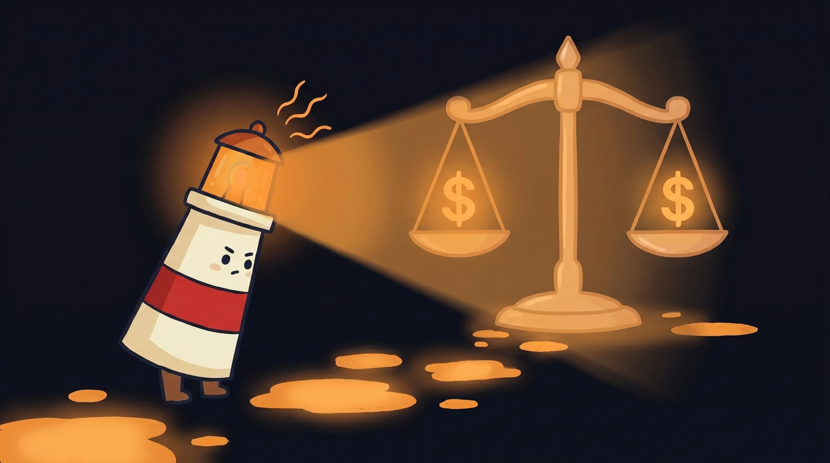 Beacon the lighthouse character shining light on a dollar sign and robot icon, illustrating AI assistant vs virtual assist...