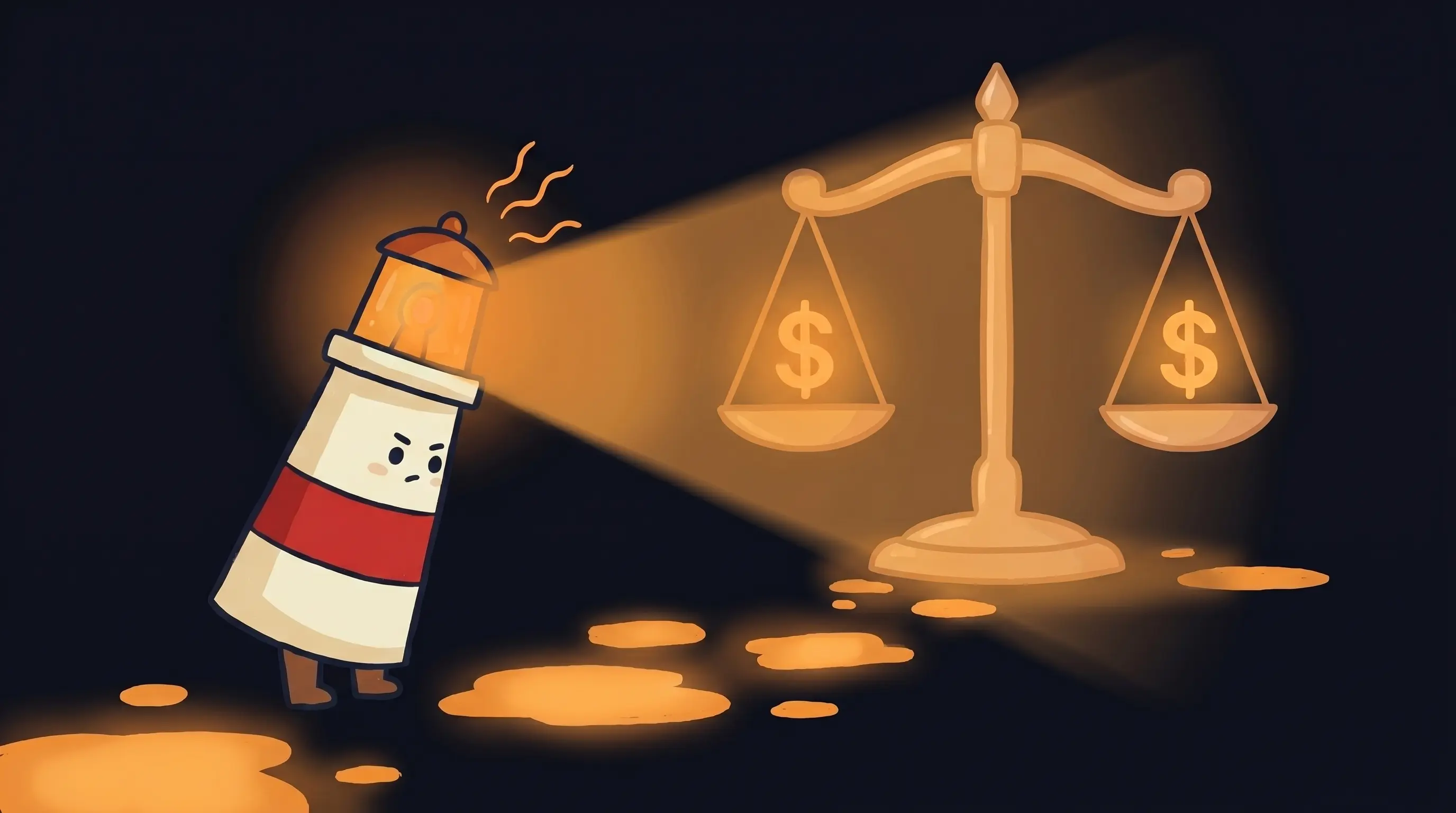 Beacon the lighthouse character shining light on a dollar sign and robot icon, illustrating AI assistant vs virtual assist...