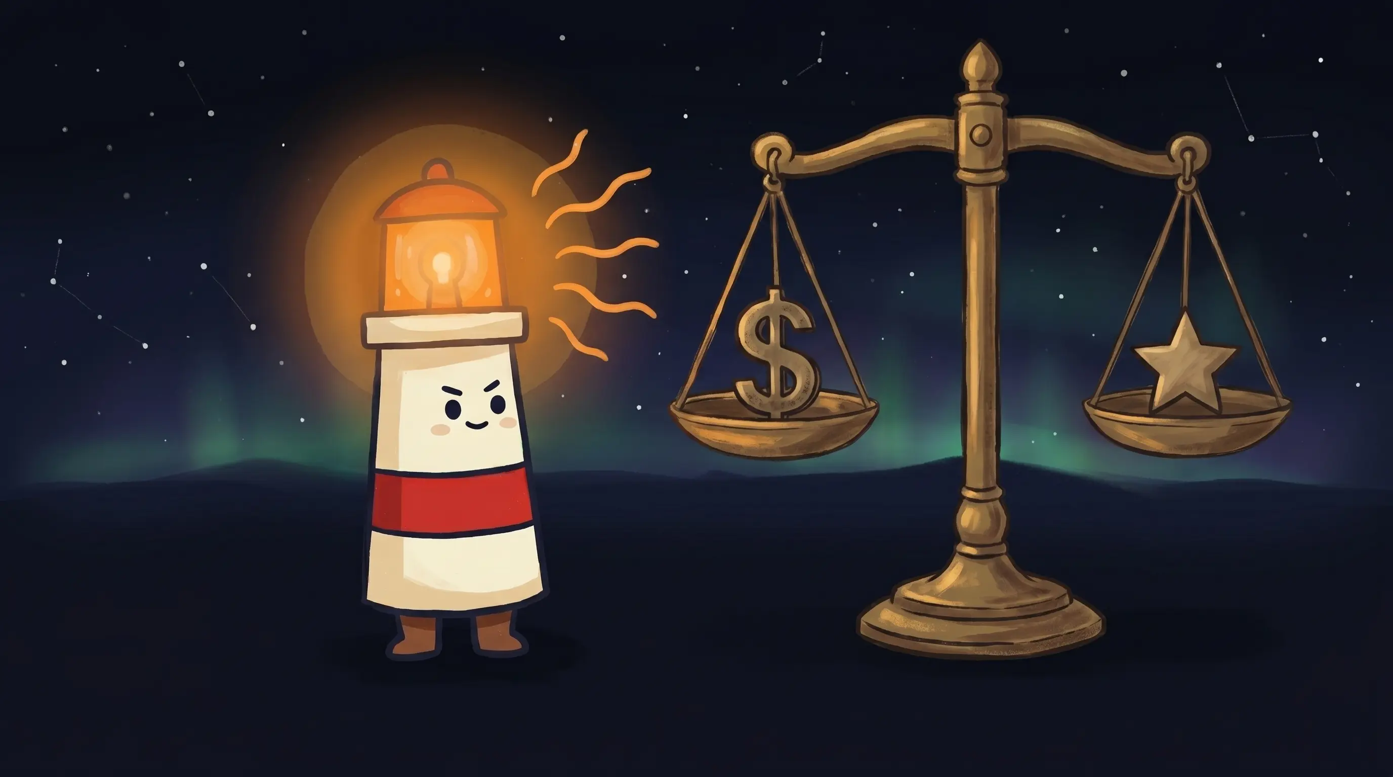 Beacon the lighthouse character shining a glowing amber beam onto a small business cost comparison chart on dark navy back...