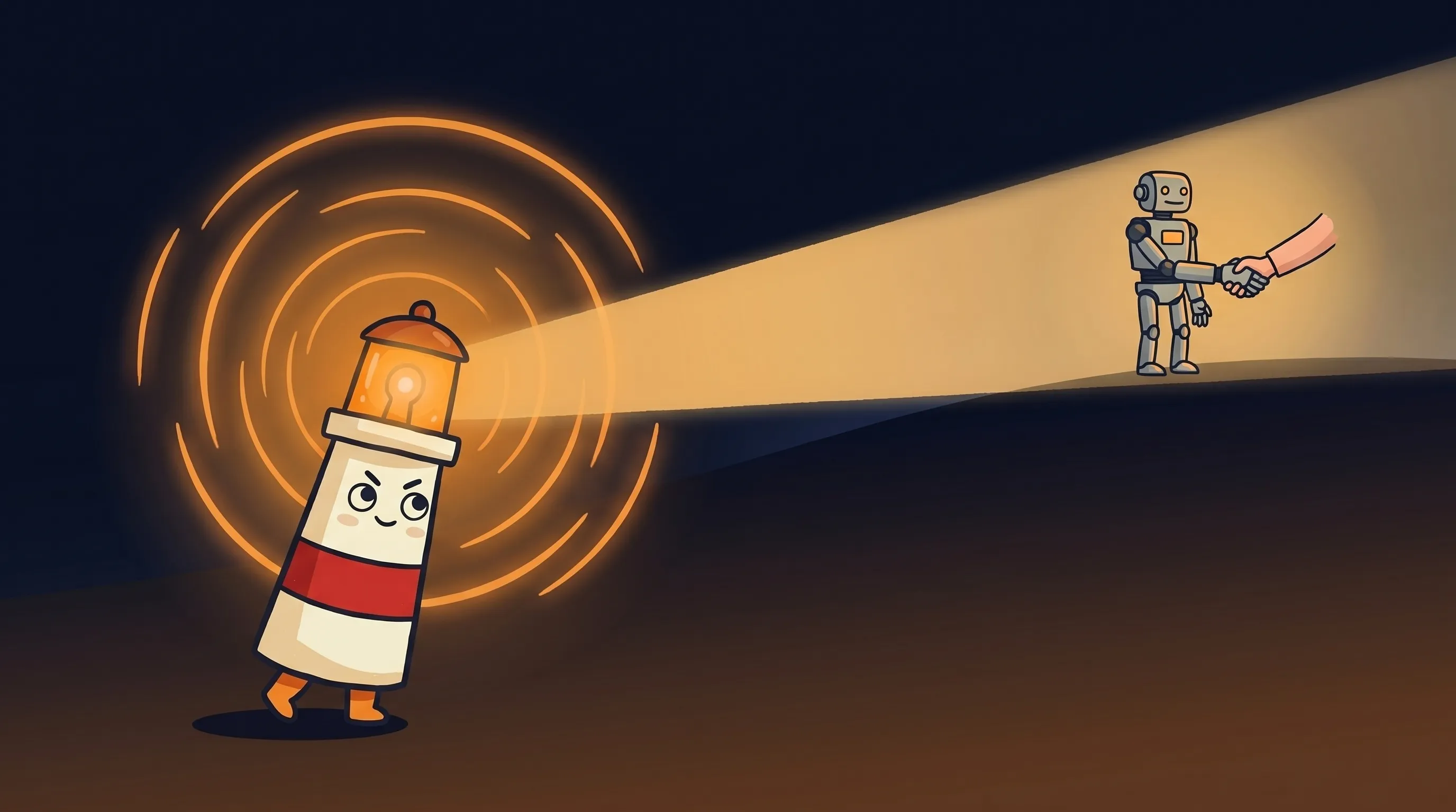 Beacon the lighthouse character shining light on a checklist, illustrating what small business tasks to hand off or approve.