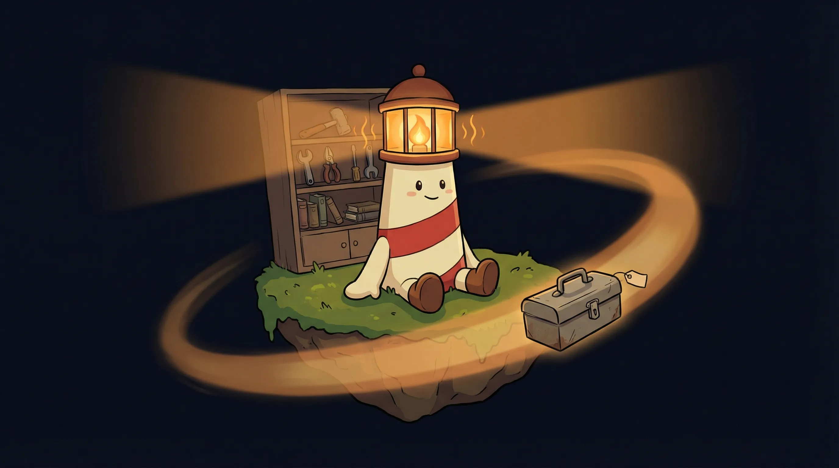Beacon the lighthouse character illuminating a glowing AI automation agency setup on dark navy background