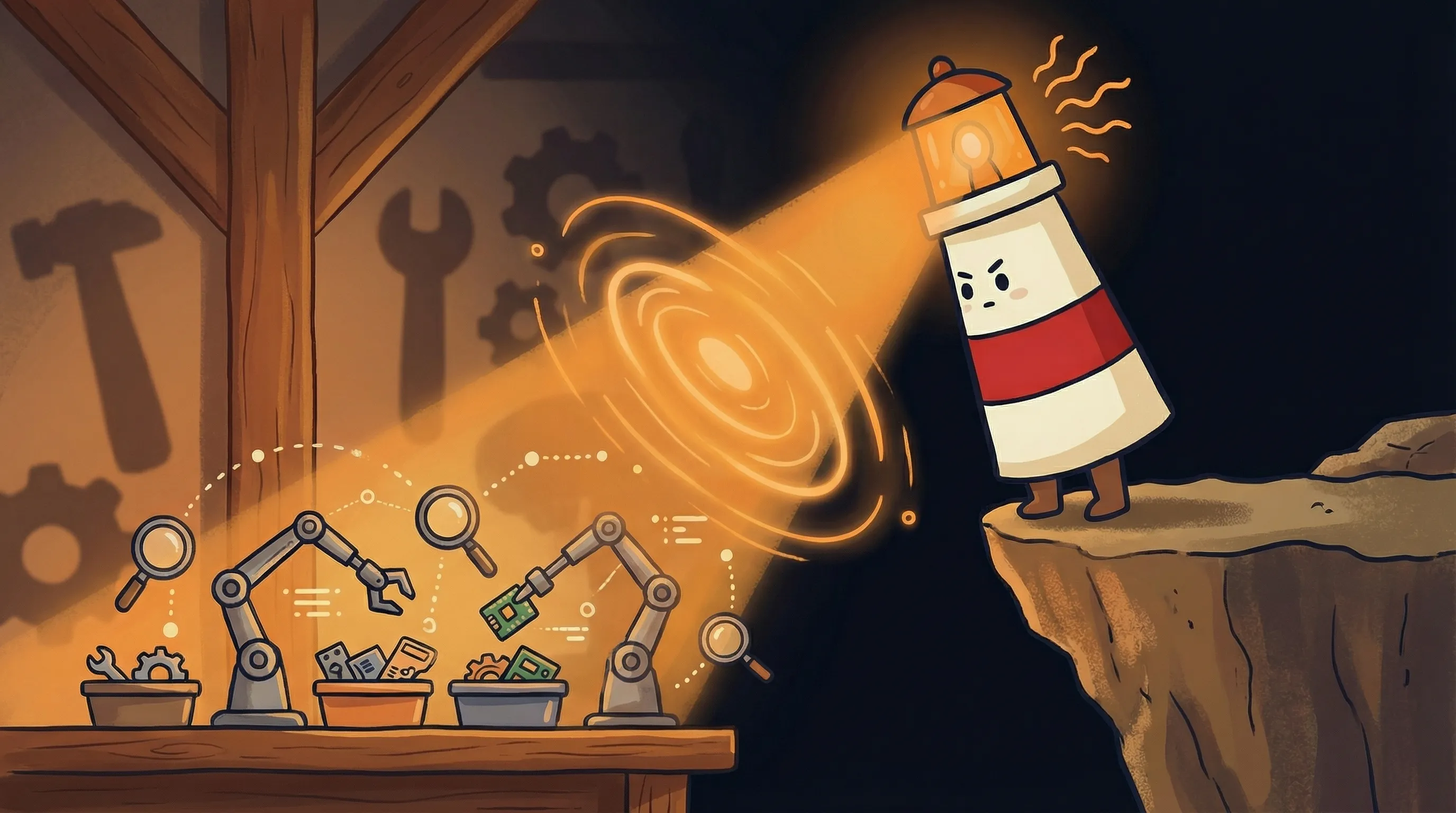 Beacon the lighthouse illuminating a laptop with robotic arms, representing AI automation for solo founders.