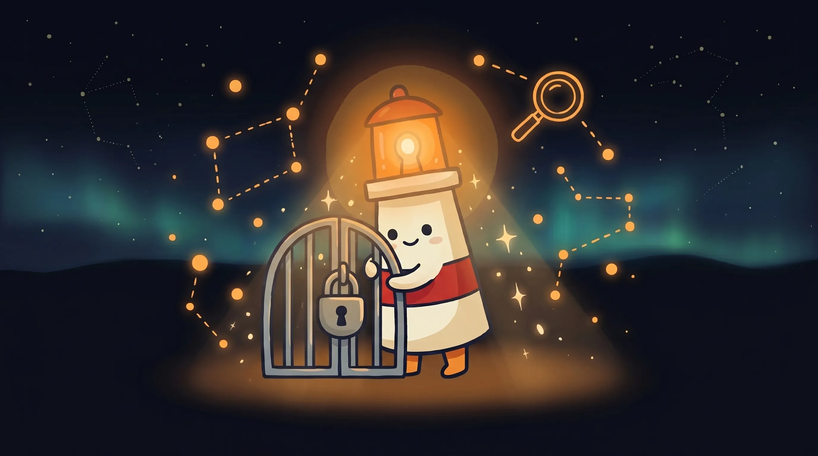 Beacon the lighthouse character shining its amber light onto a glowing approval checkbox on a dark navy background.