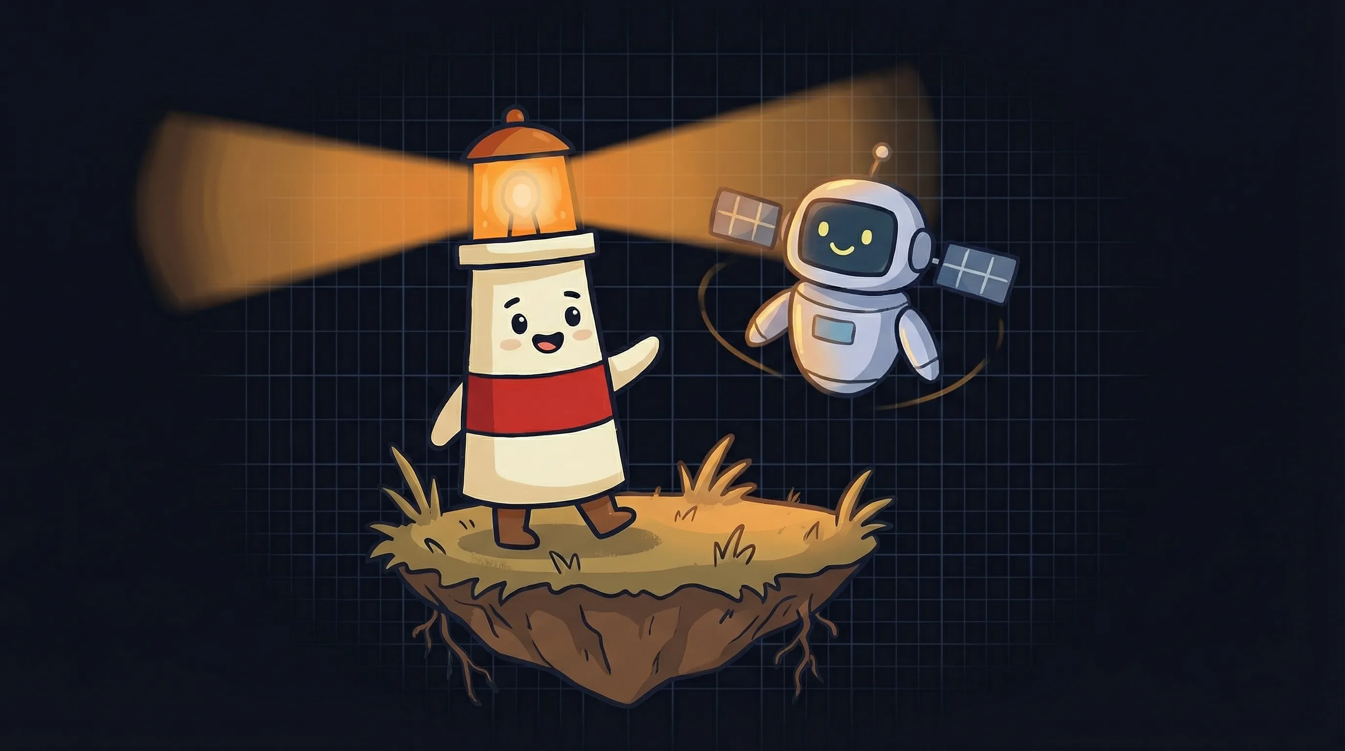 Beacon the lighthouse illuminating a chatbot speech bubble on dark navy background in flat illustration style.