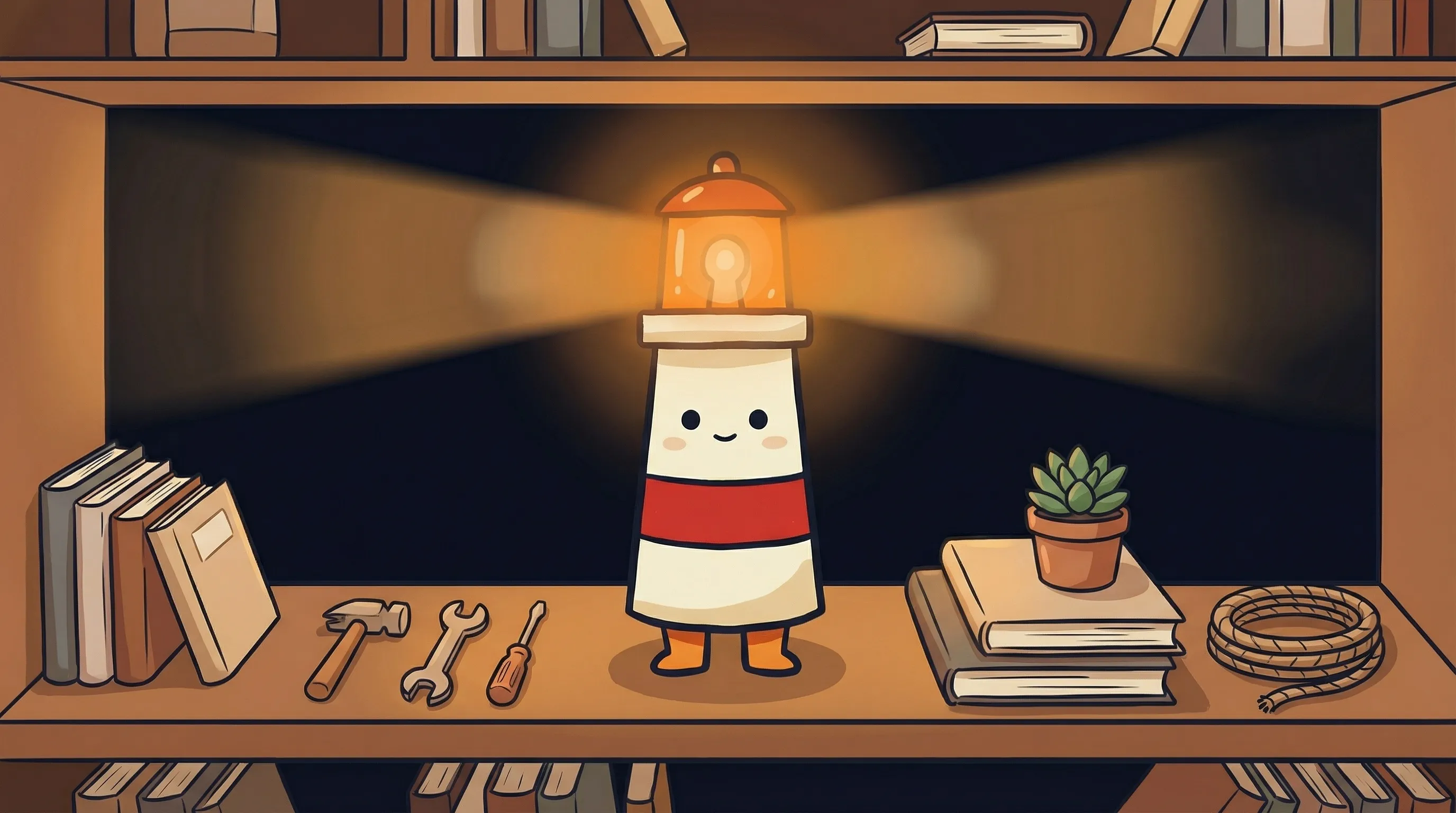 Beacon the lighthouse illuminating a glowing AI chatbot interface on a dark navy background.