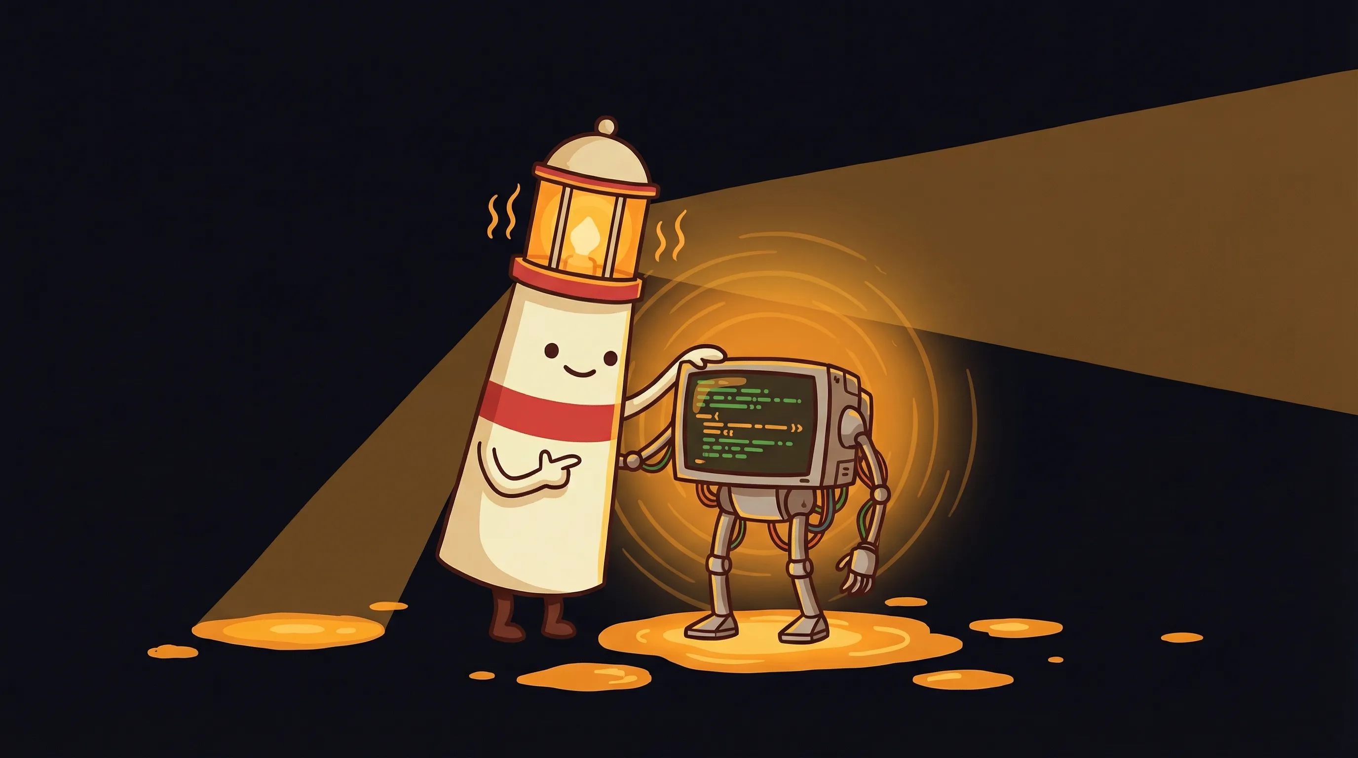 Beacon the lighthouse illuminating a laptop displaying code symbols on a dark navy background