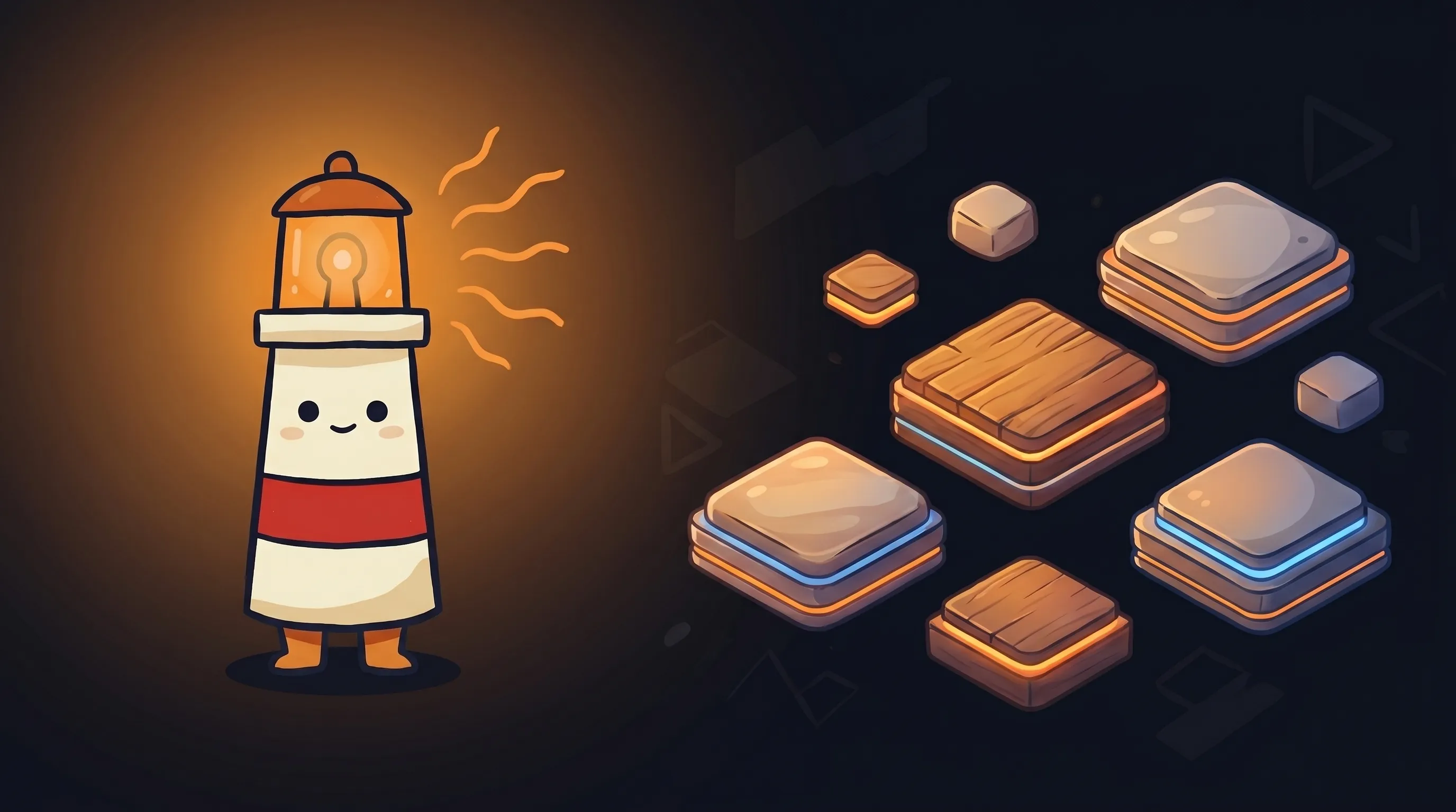 Beacon the lighthouse character shining light on an AI-drafted customer follow-up email awaiting approval