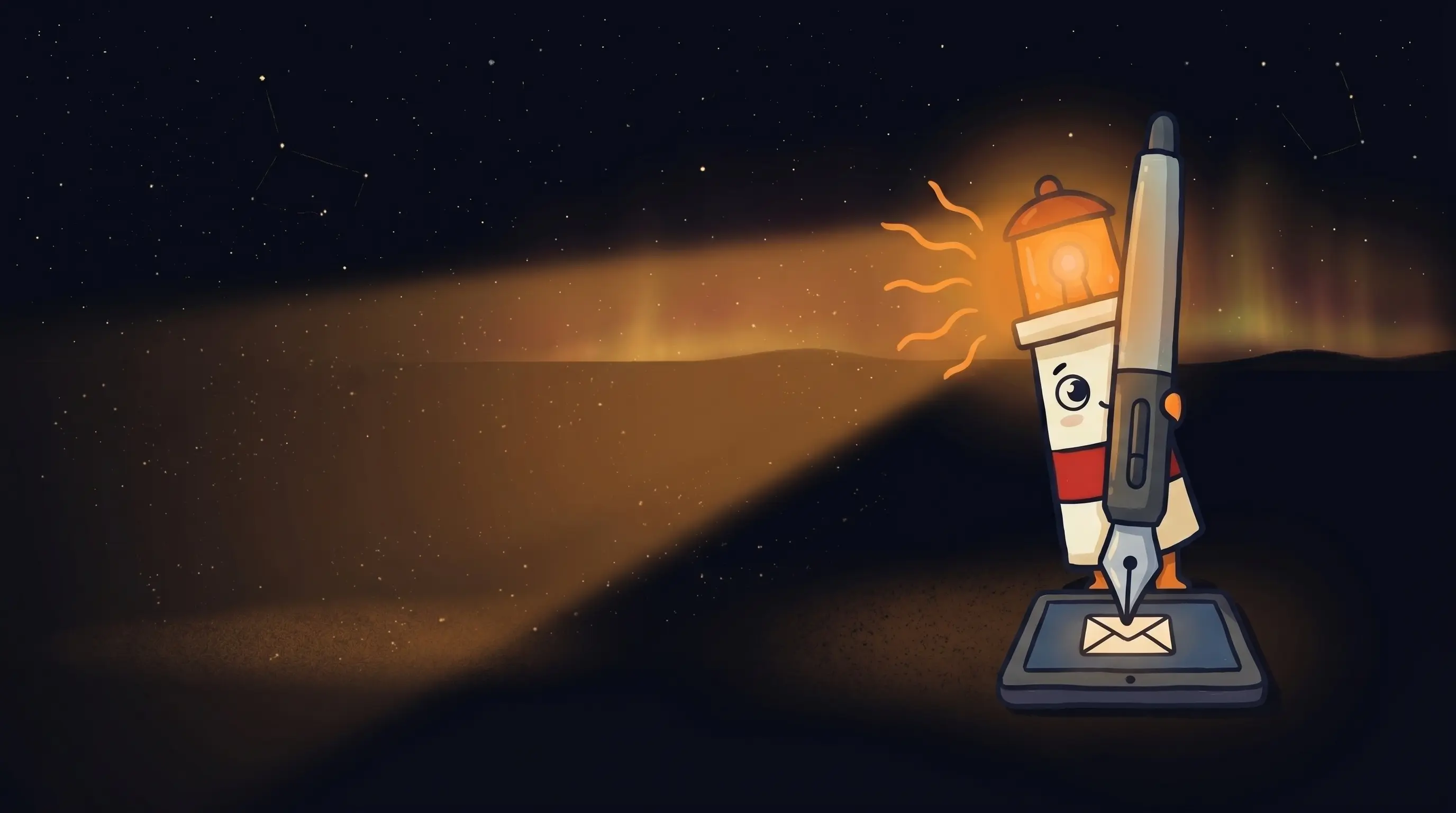 Beacon the lighthouse character shining light on a phone showing scheduled follow-up messages, on a dark navy background.