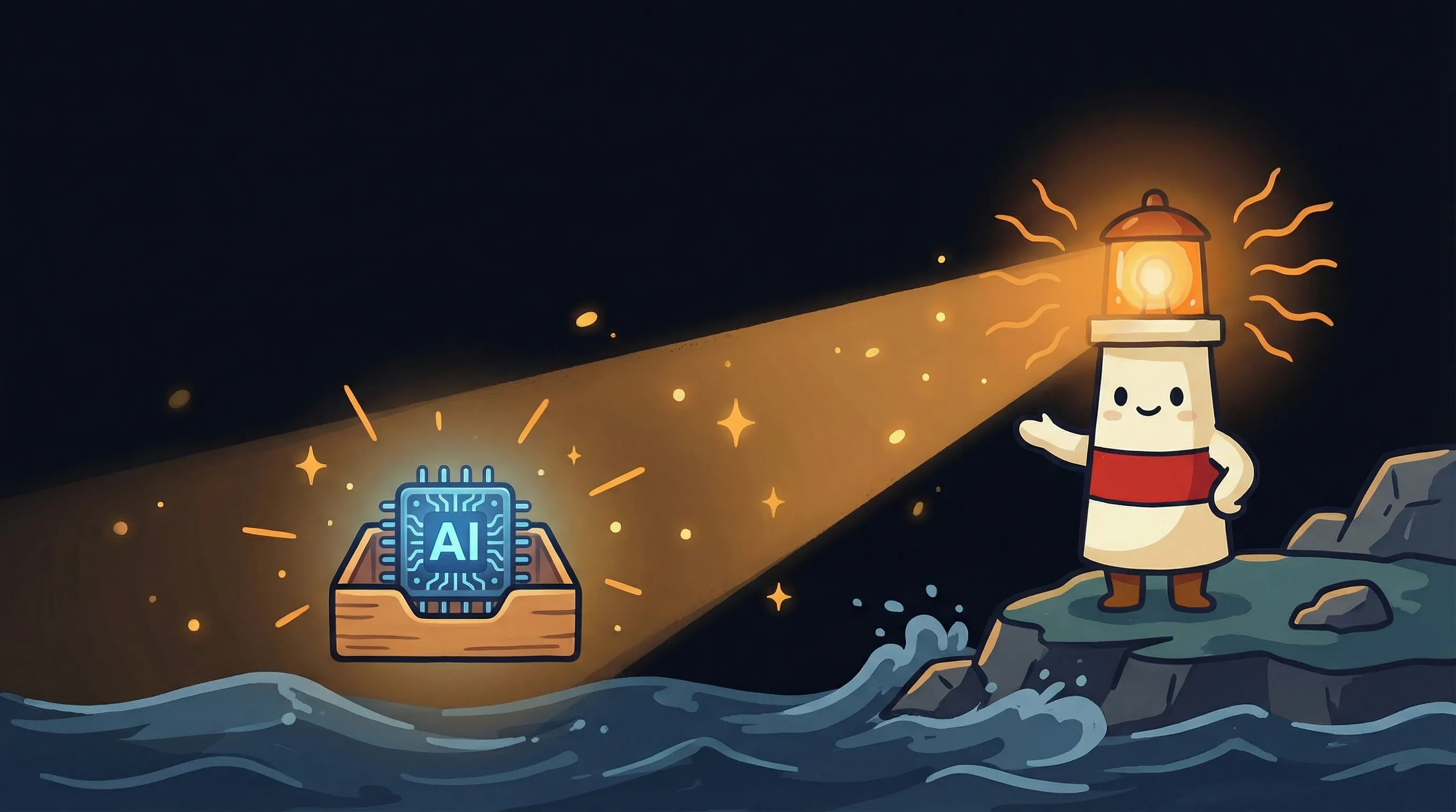 Beacon the lighthouse illuminating an email inbox icon with its amber light on a dark navy background.