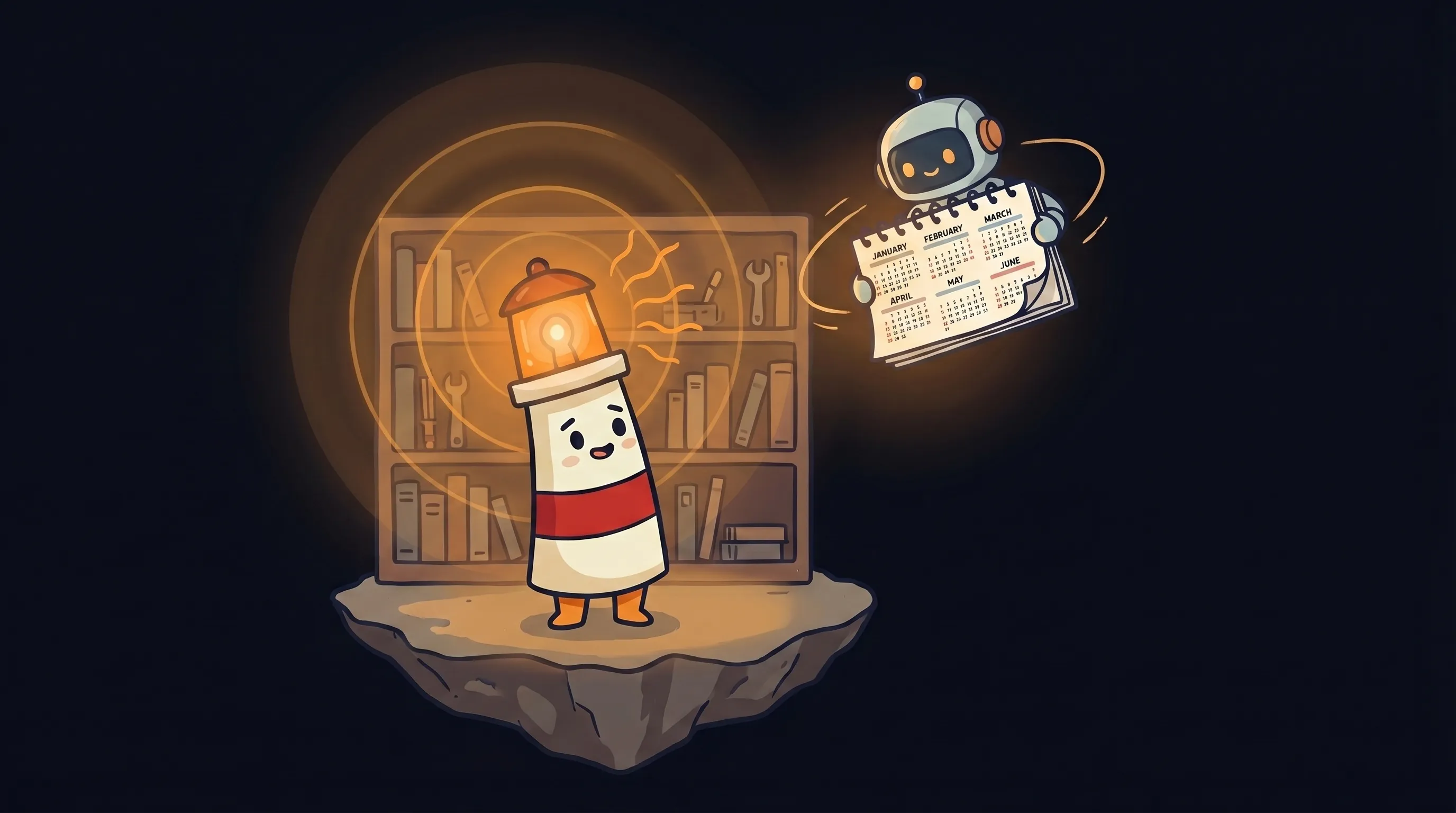 Beacon the lighthouse illuminating a digital calendar and task list, representing an AI executive assistant for busy found...