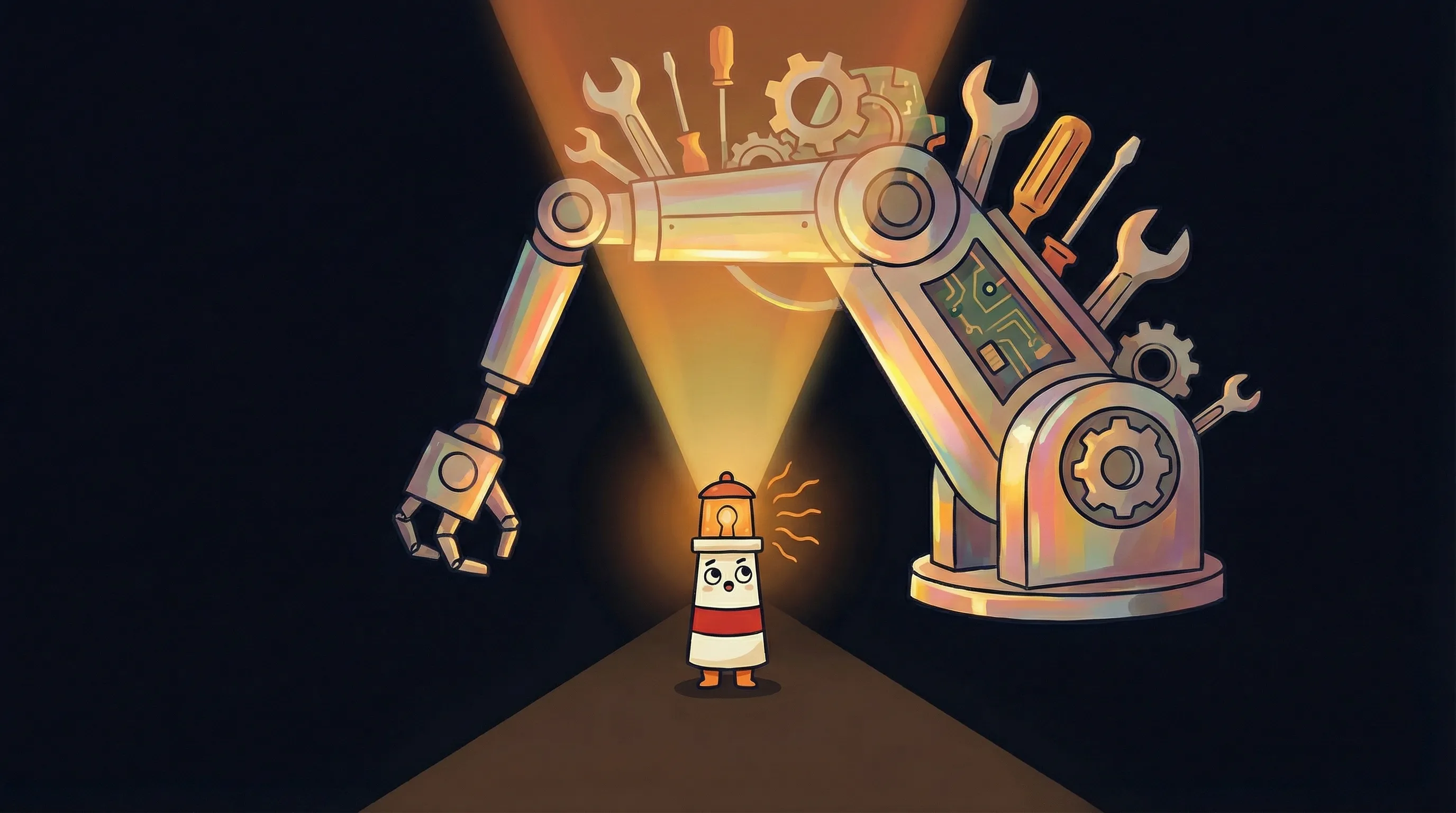 Beacon the lighthouse illuminating a glowing AI circuit brain on a dark navy background with warm amber light rays.