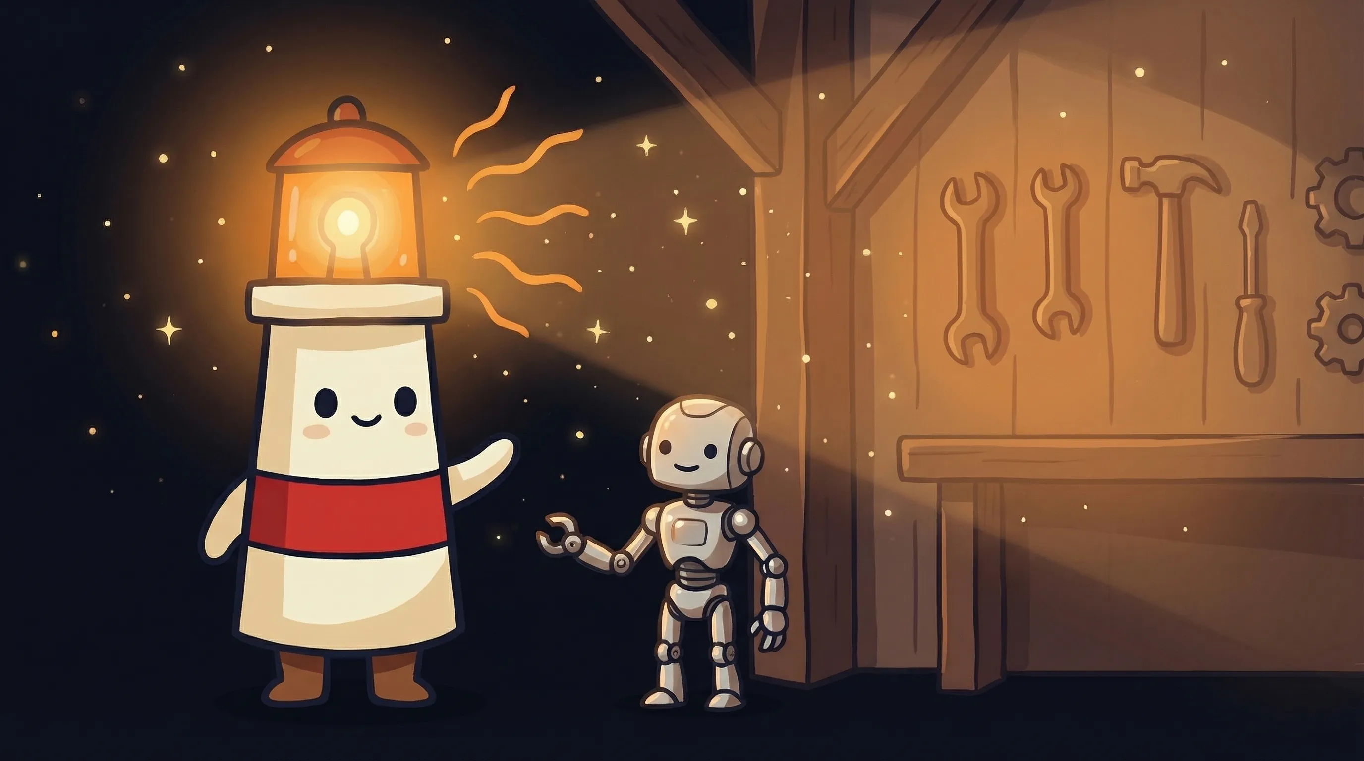 Beacon the lighthouse character shining a warm amber glow onto a small storefront, representing AI for small business.