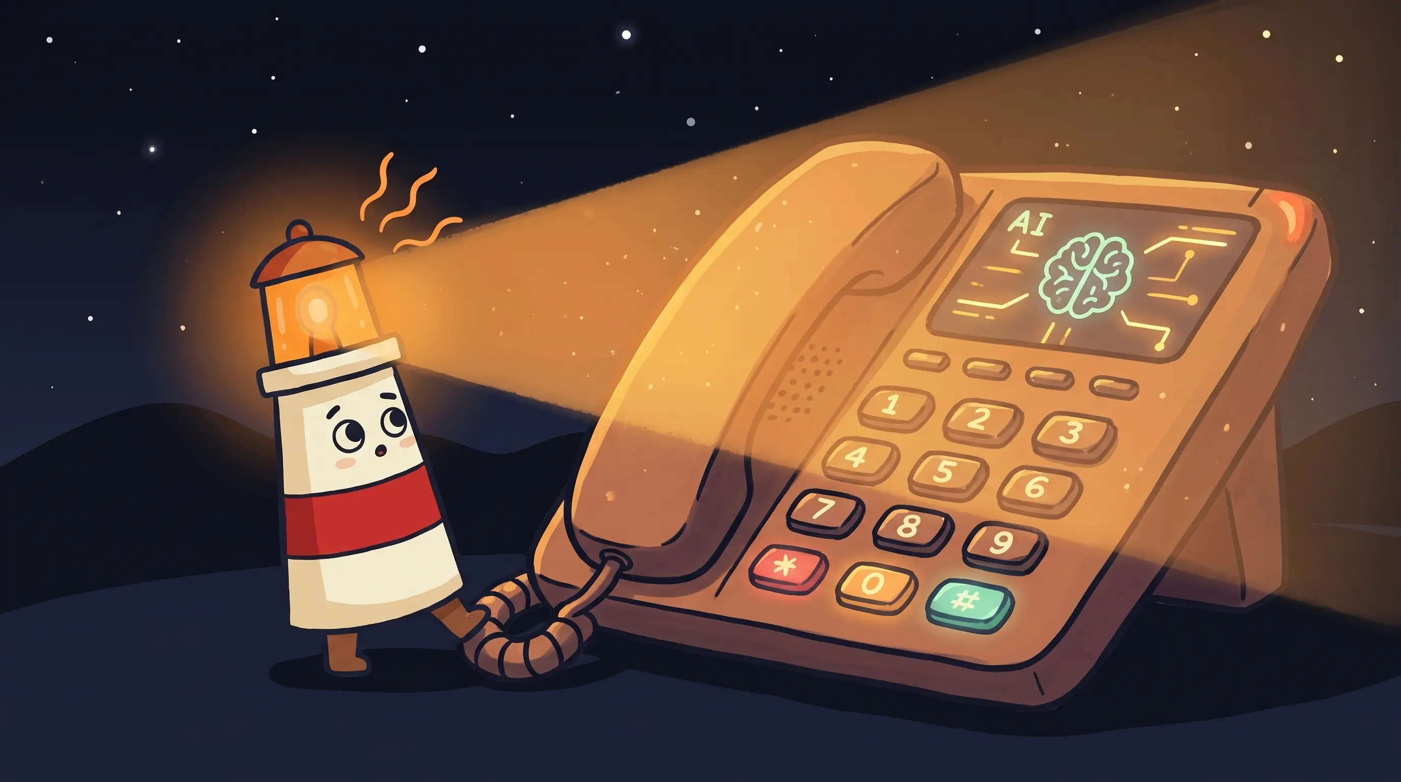Beacon the lighthouse character shining light on a ringing phone, representing AI front desk software for small businesses.